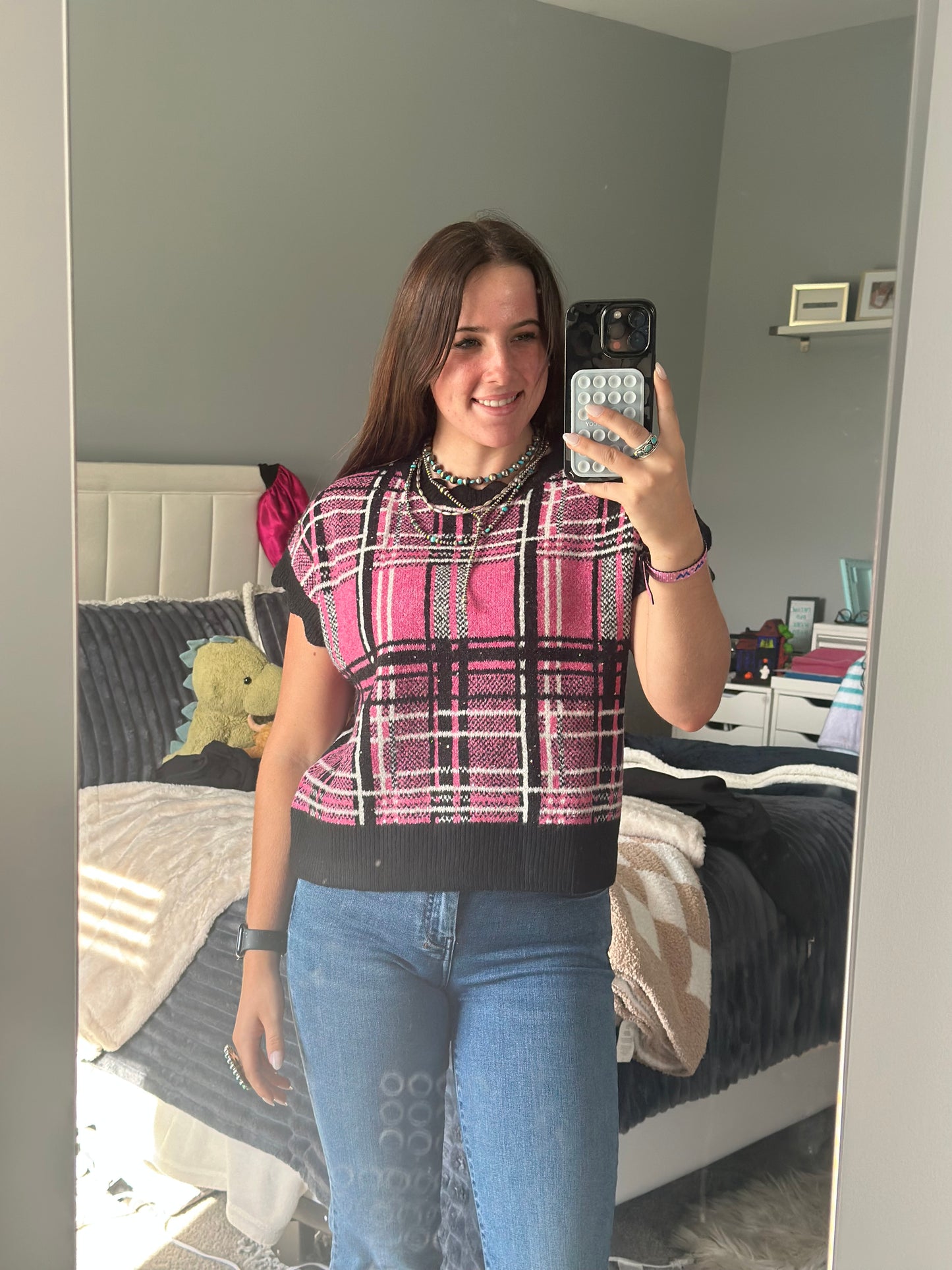 Plaid Short Sleeve Sweater Knit Top