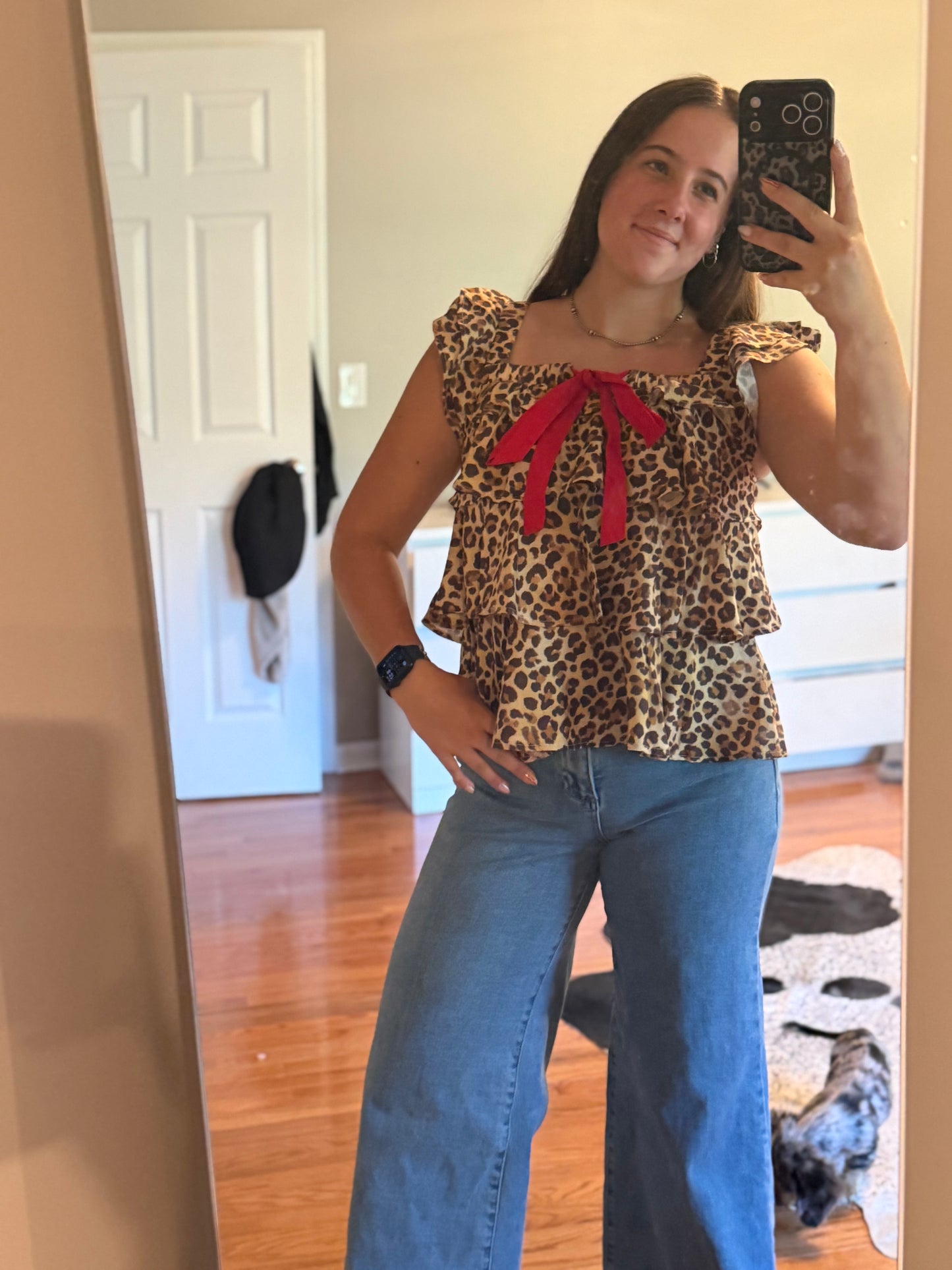 LEOPARD WOVEN FRONT BOW TIE RUFFLE SQUARE NECK TOP