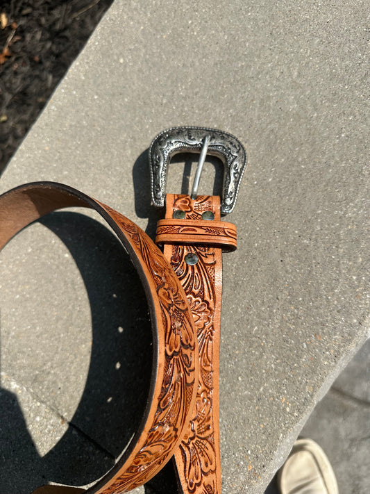 genuine leather brown floral belt