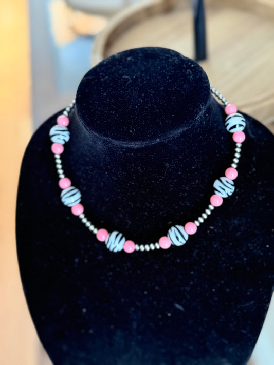 Pink x zebra sterling pearl necklace