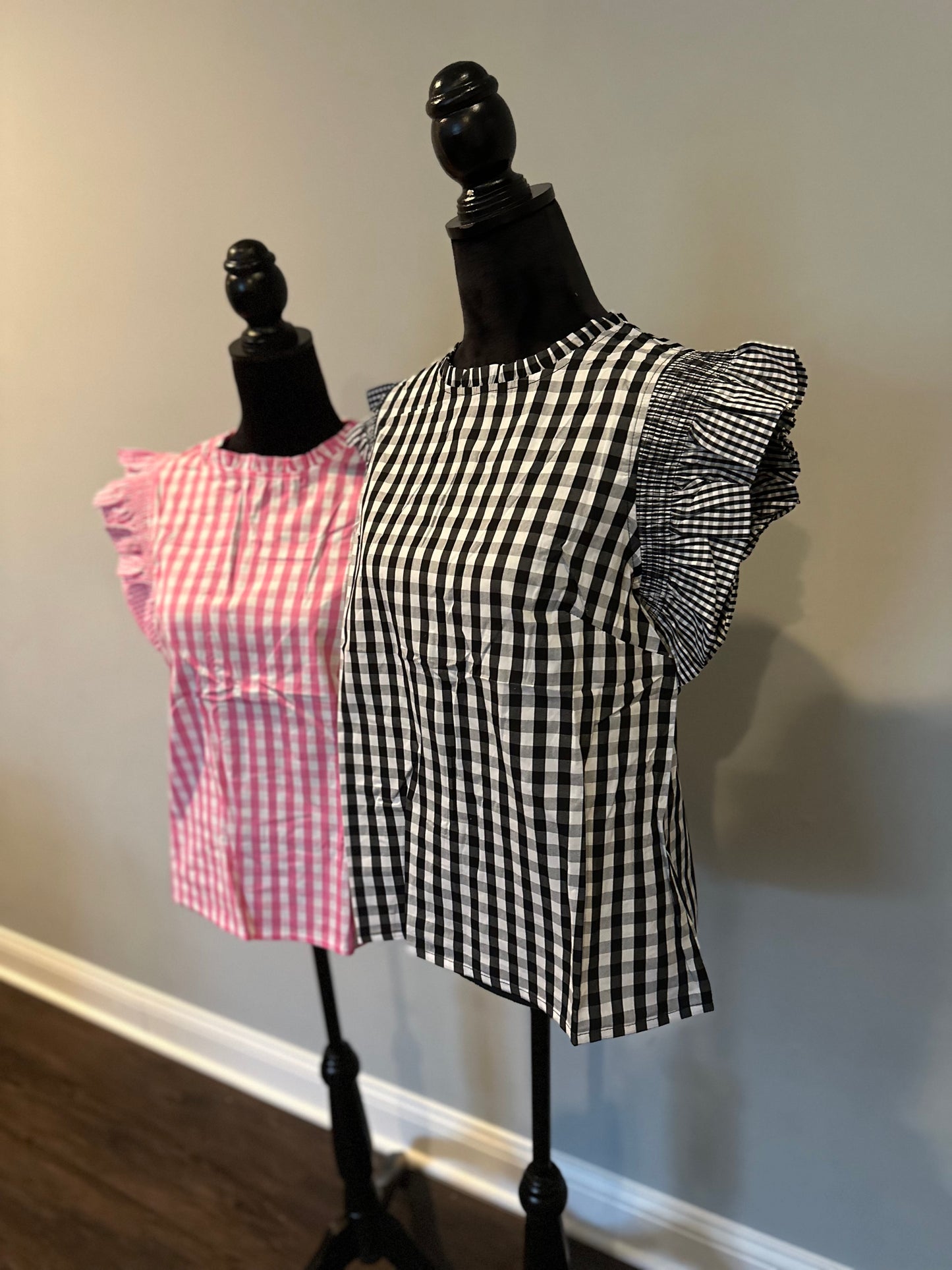 Checkered ruffle sleeve grilled neck blouse