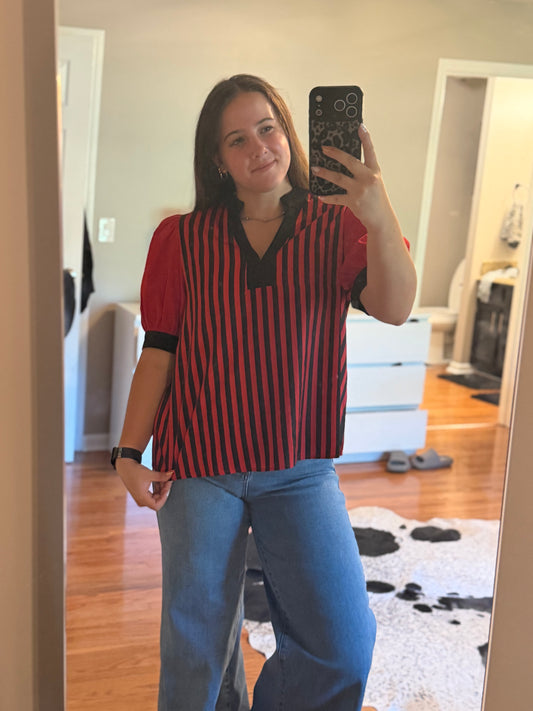 GAMEDAY THEME STRIPED WOVEN BLOUSE TOP