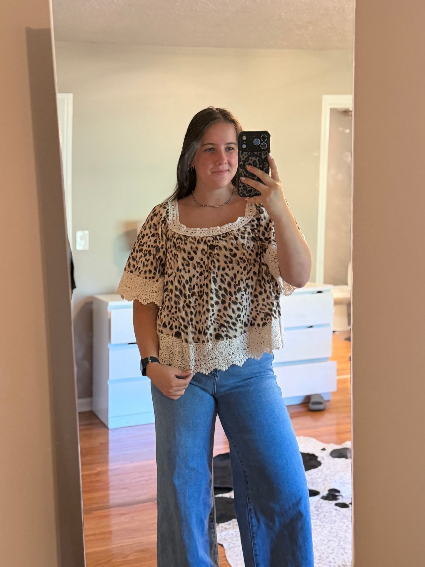 LEOPARD LACE MIX AND MATCH SQUARE NECKLINE TOP