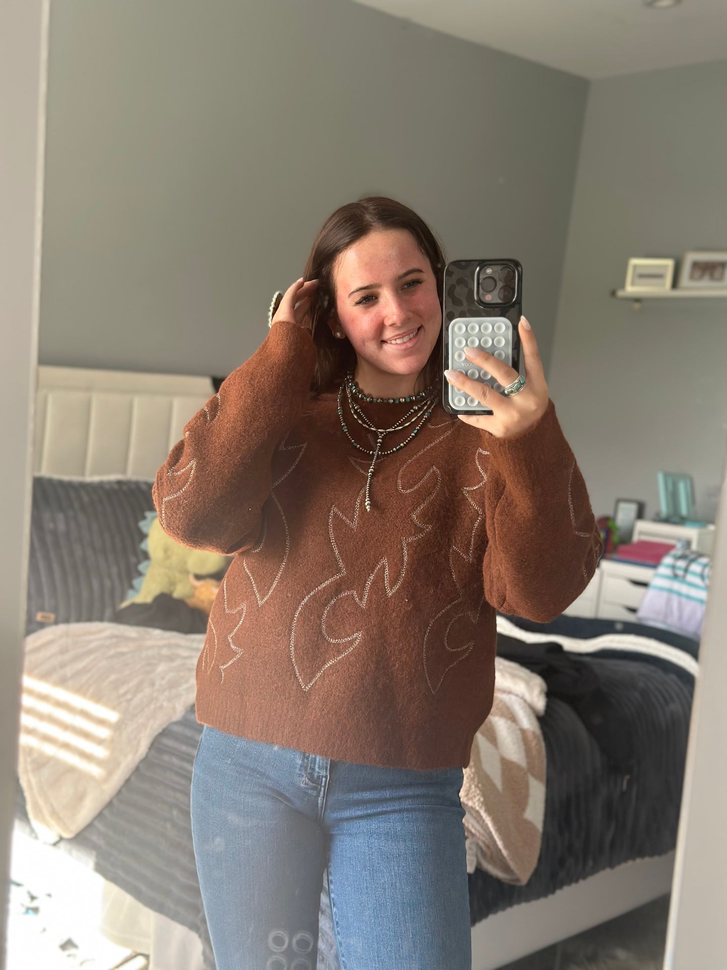 Western Boots Stitch Pattern Crew Neck Sweater