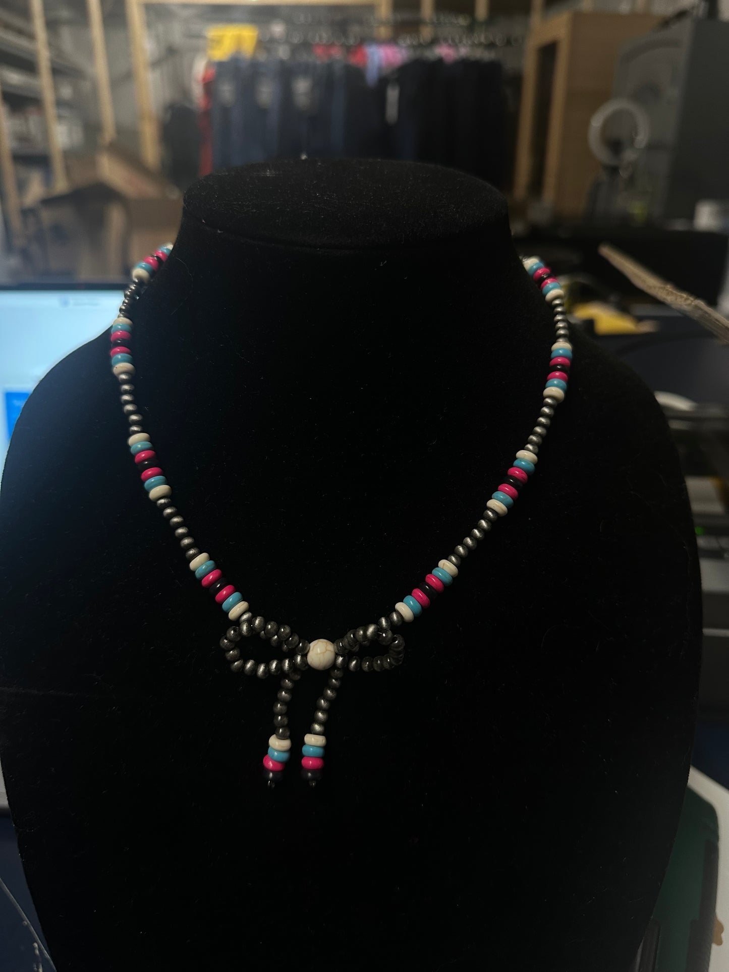 Navajo Style Pearl & Bead Bow Necklace