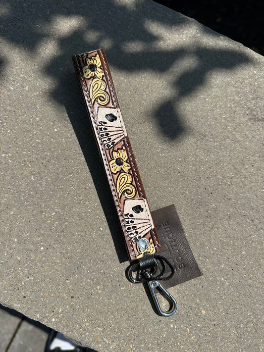 Tooled Leather Keychain - cards/yellow floral