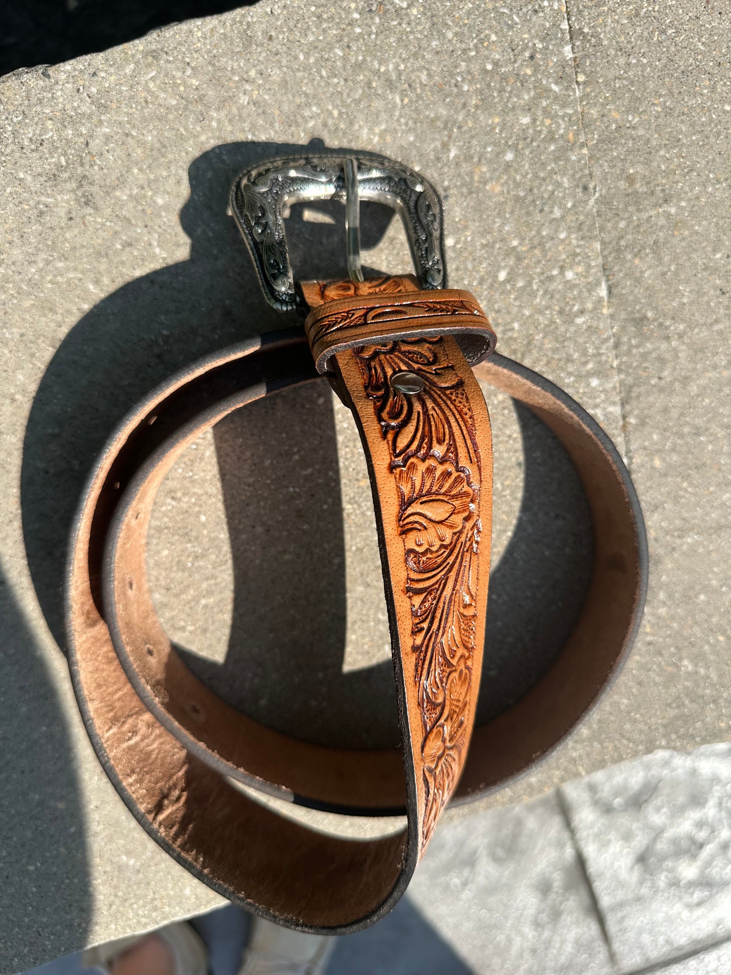 genuine leather brown floral belt