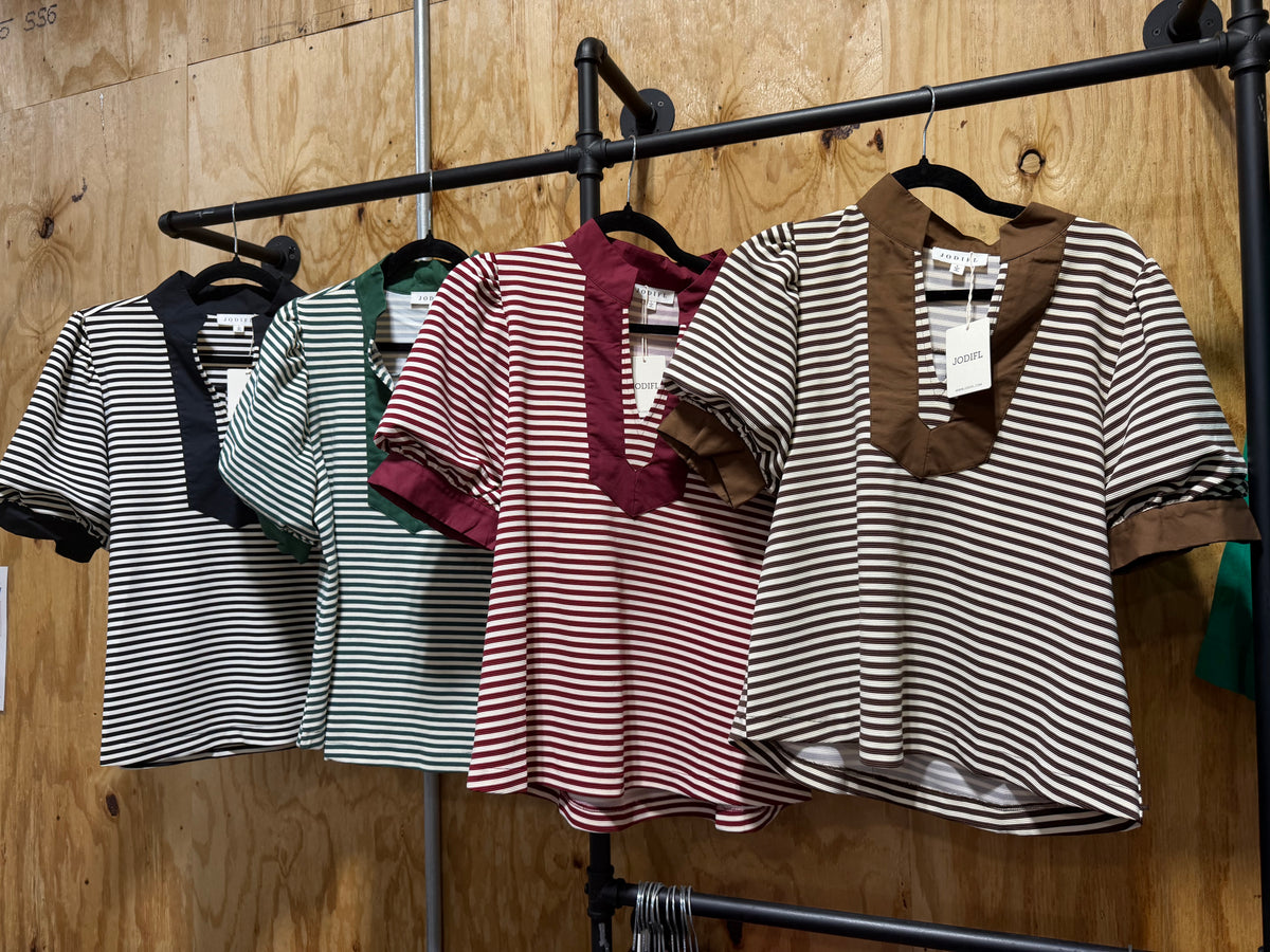 Striped puff sleeve v neck top