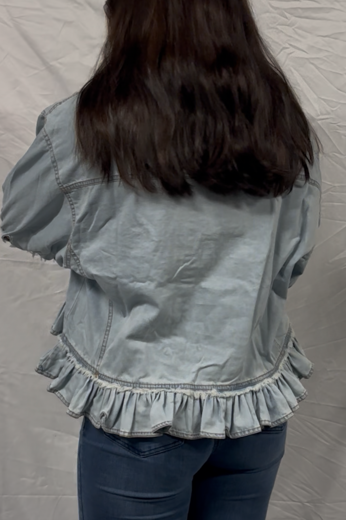 Washed denim ruffled hem button up