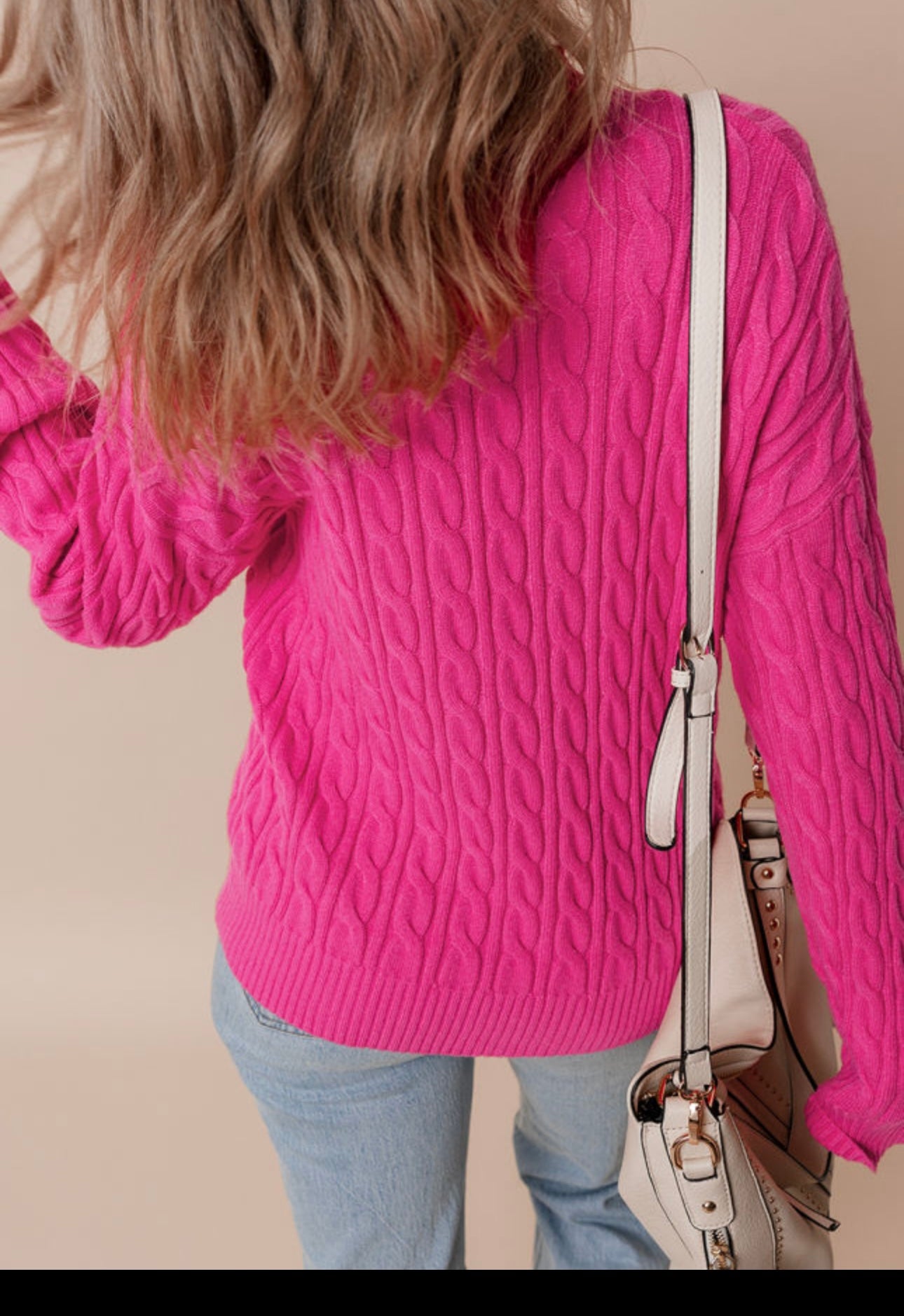 Pink solid cable knit high neck sweater