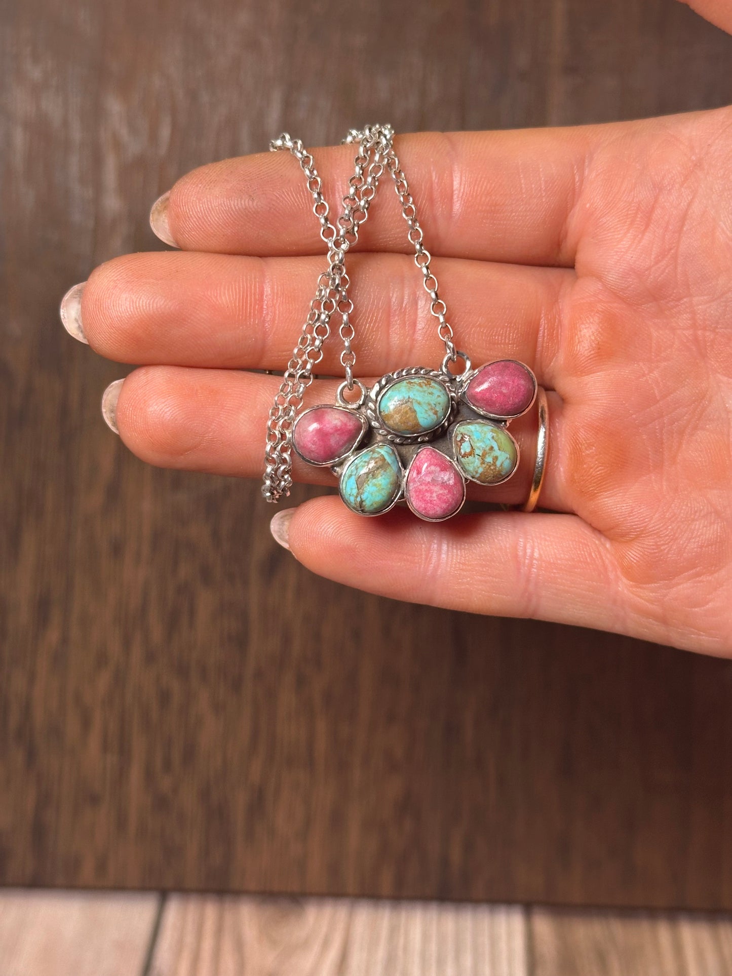 Handmade Sterling Silver, Rhodonite & Turquoise Necklace