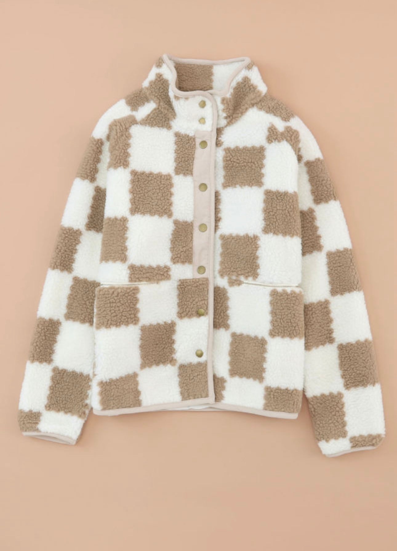 Brown checkered snap button Sherpa jacket