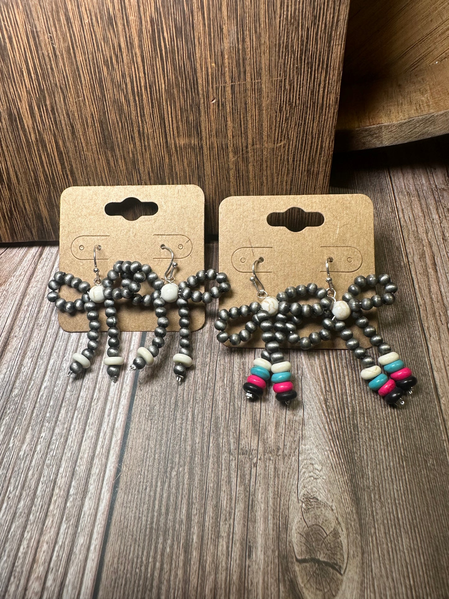 Navajo Style Pearl & Bead Bow Dangle Earrings