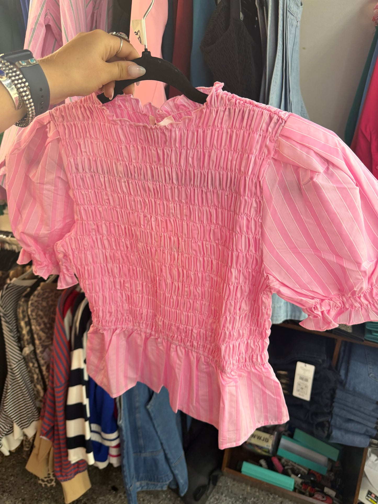 Stripe smocked puff sleeve blouse