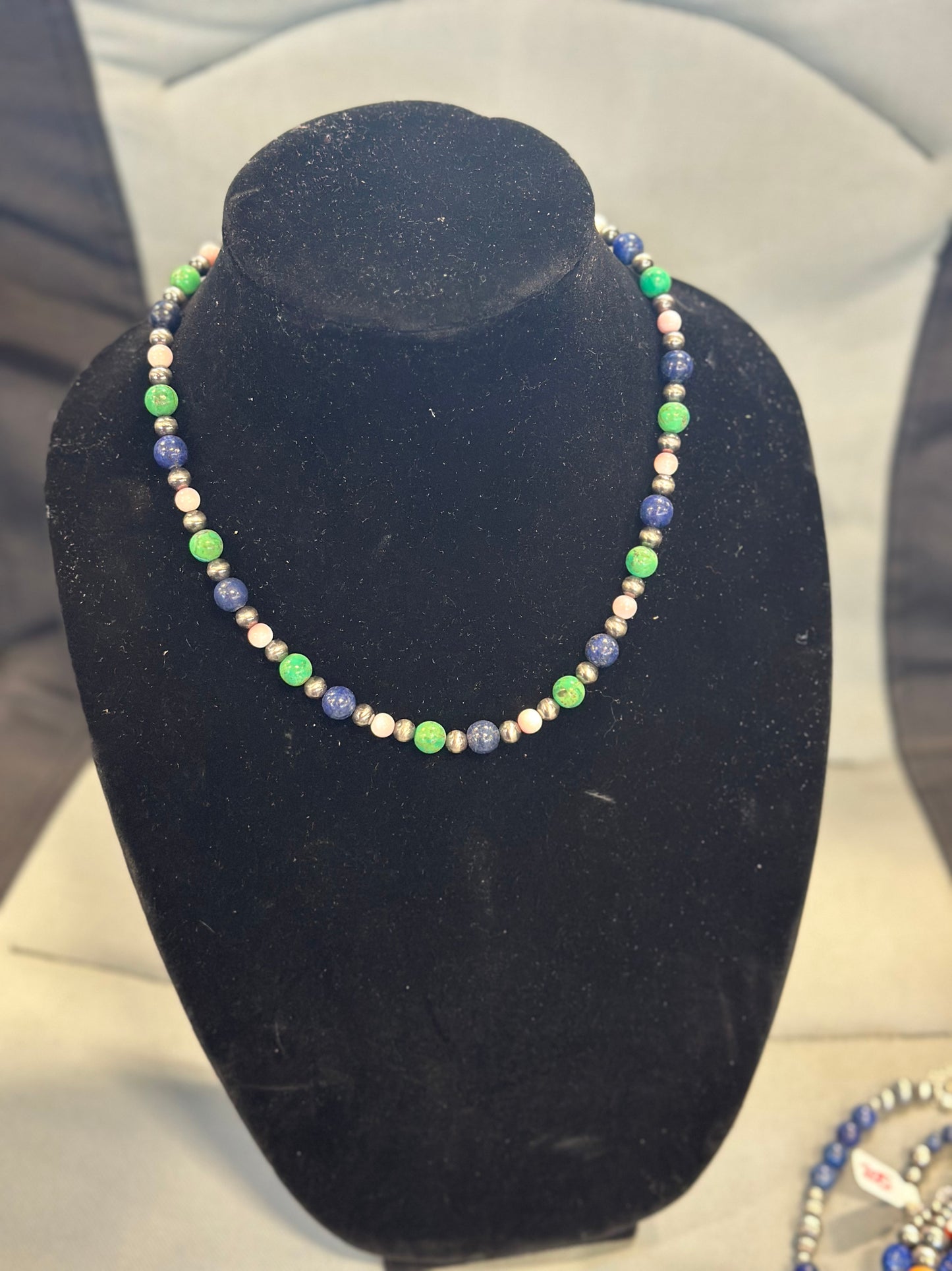 Lapis + pink conch + green turquoise necklace