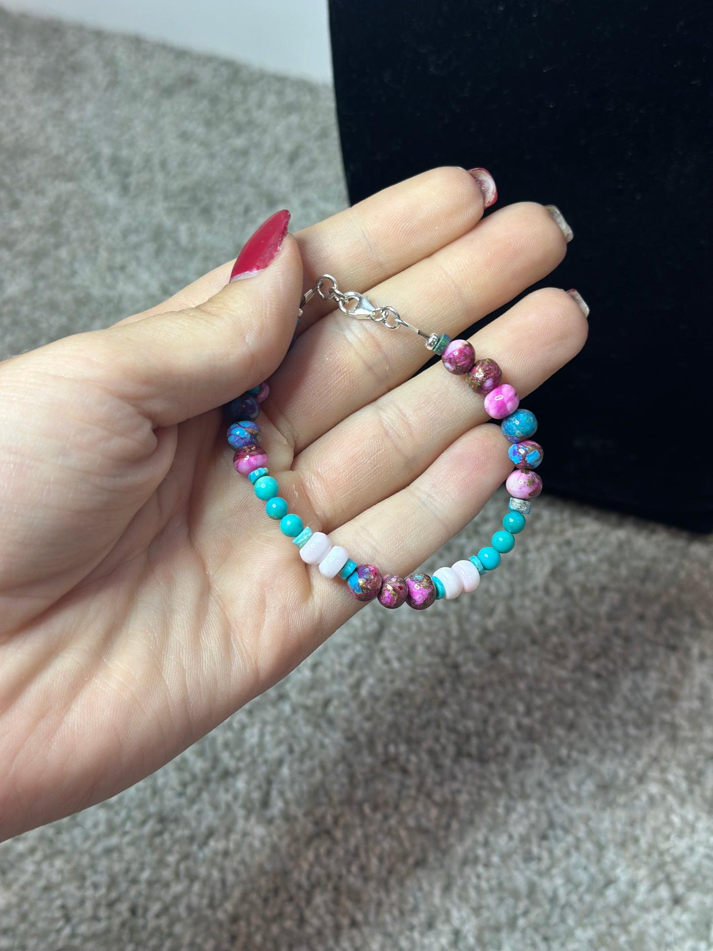 pink conch + turquoise  + dahlia bead bracelet
