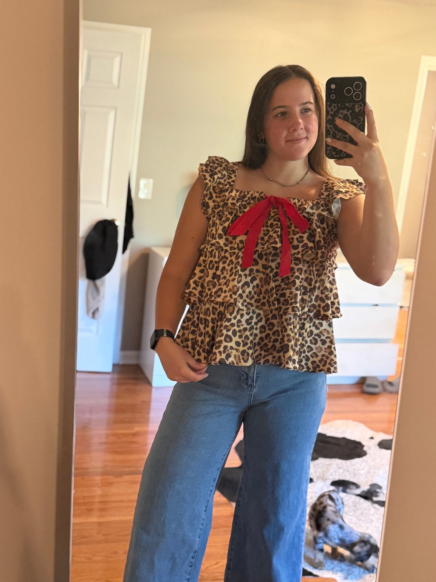 LEOPARD WOVEN FRONT BOW TIE RUFFLE SQUARE NECK TOP