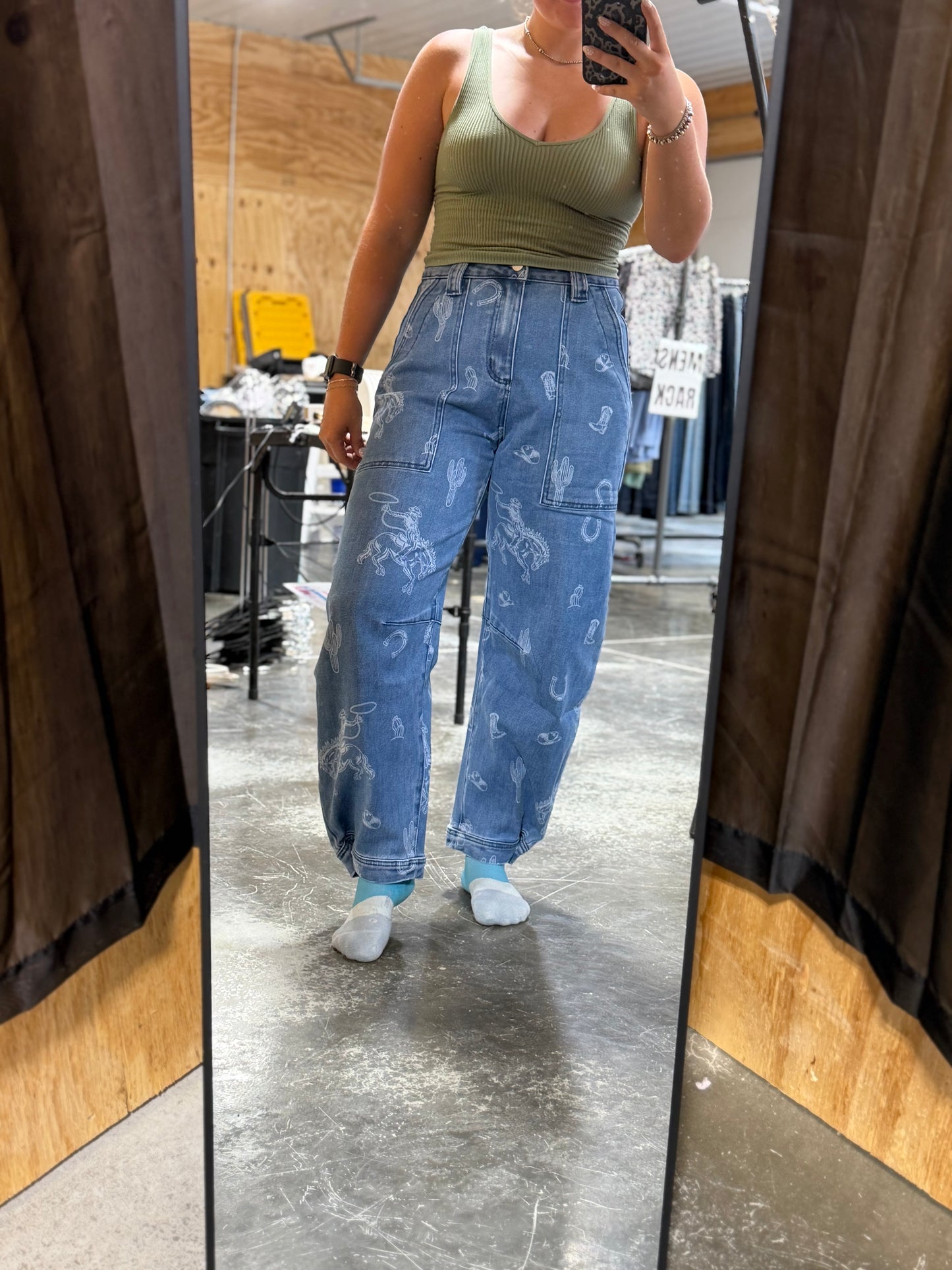 Western Print Barrel Leg Denim Jean
