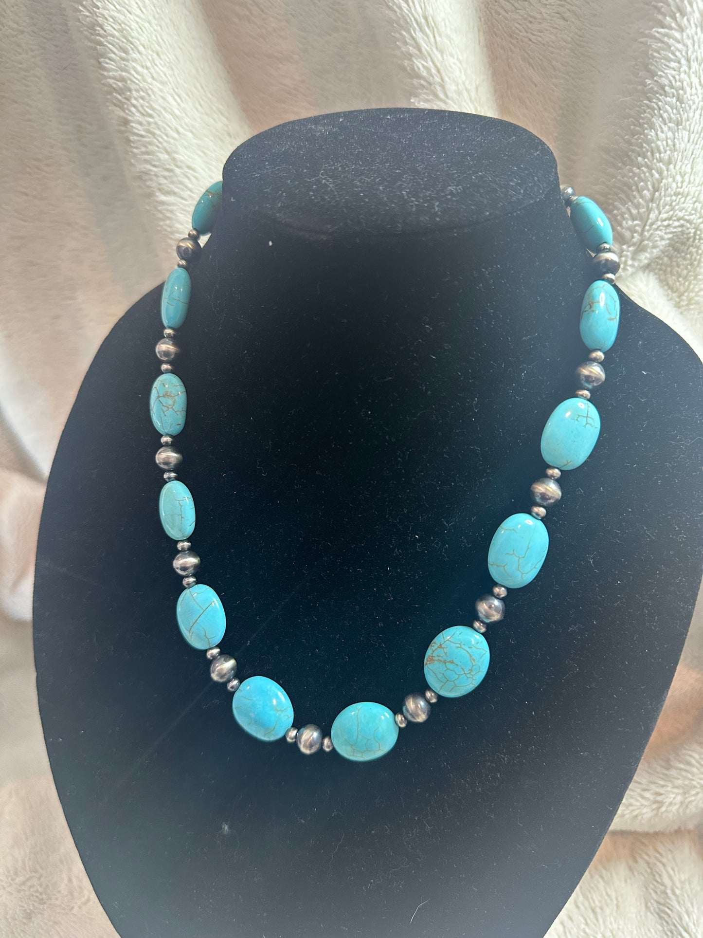 4-8mm navajo pearl x 16mm turquoise oval necklace