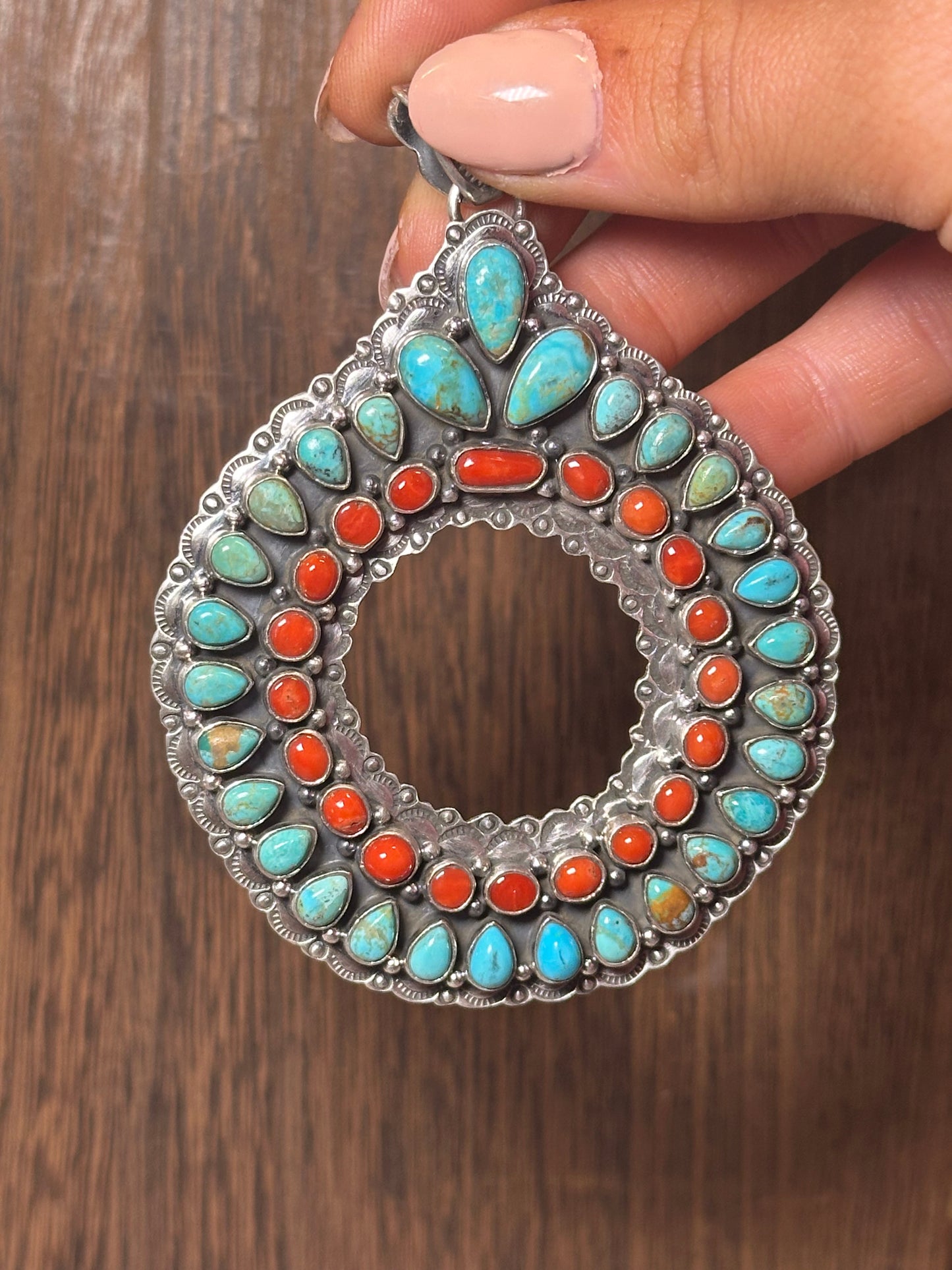 Handmade Sterling Silver, Coral & Kingman Turquoise Christmas Wreath Pendant