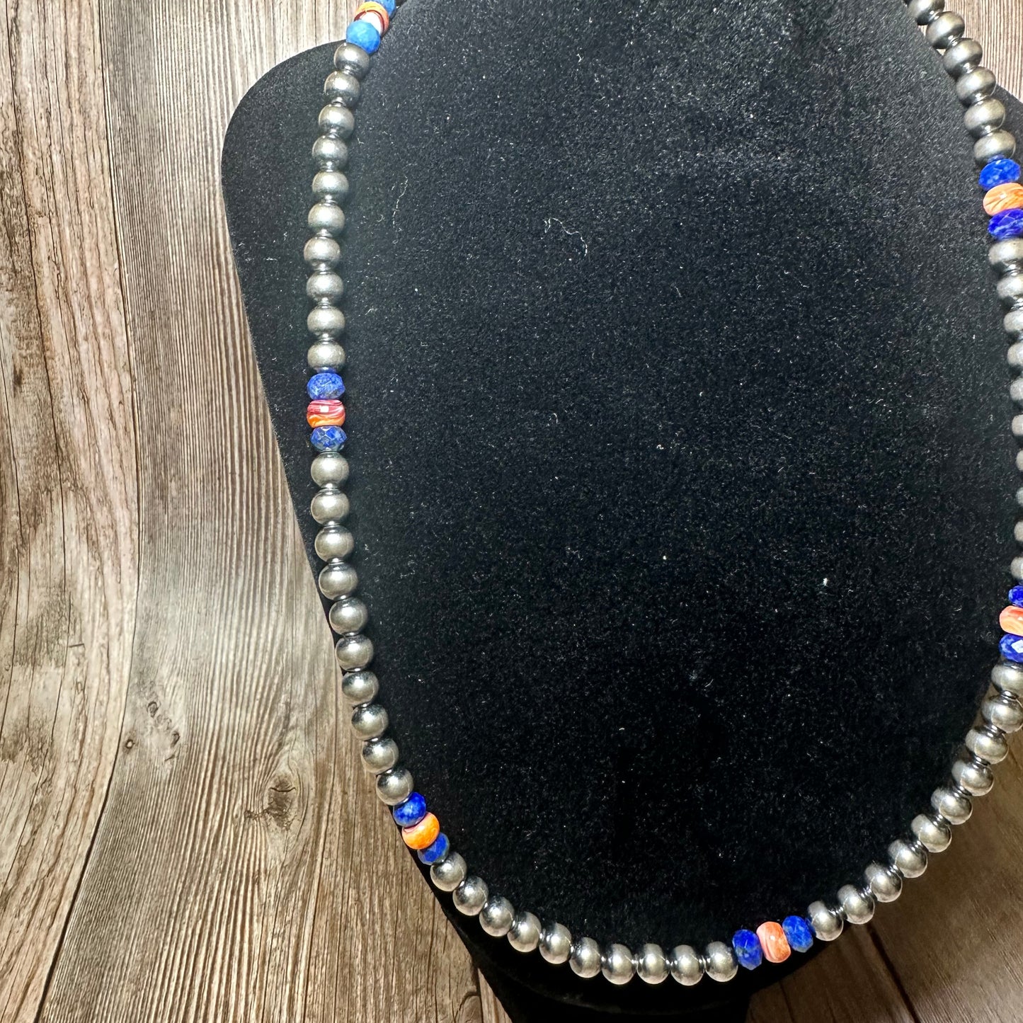 18 inch 6 mm Sterling Silver Pearls necklace lapis and spiny