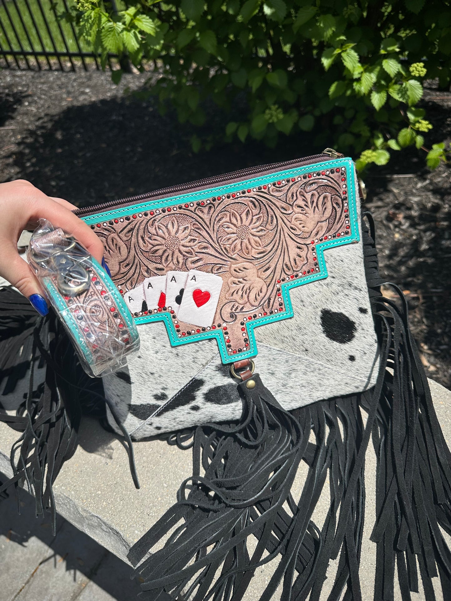 Hand Tooled Genuine Cowhide Leather Fringe Aces Cards Purse