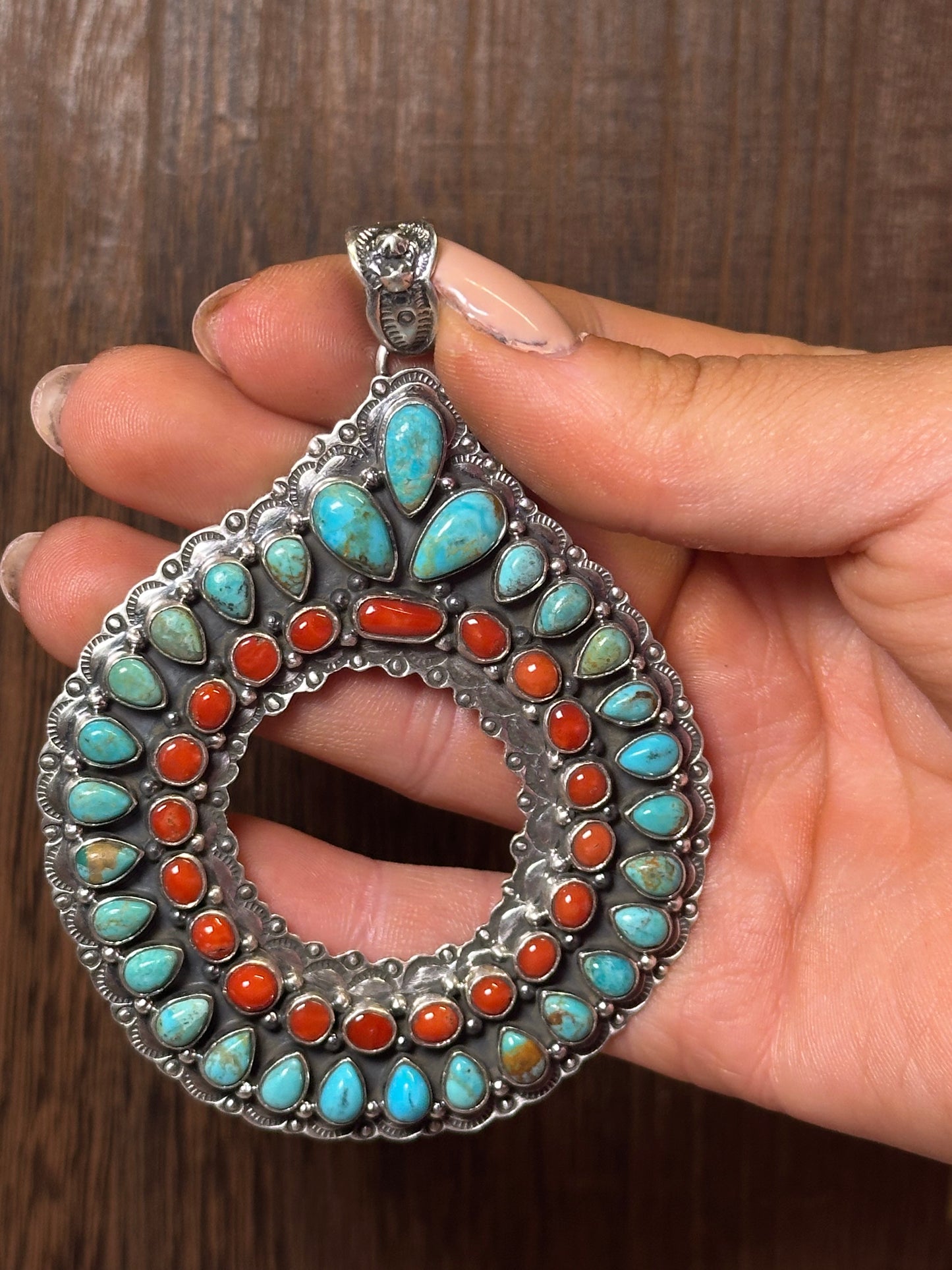 Handmade Sterling Silver, Coral & Kingman Turquoise Christmas Wreath Pendant