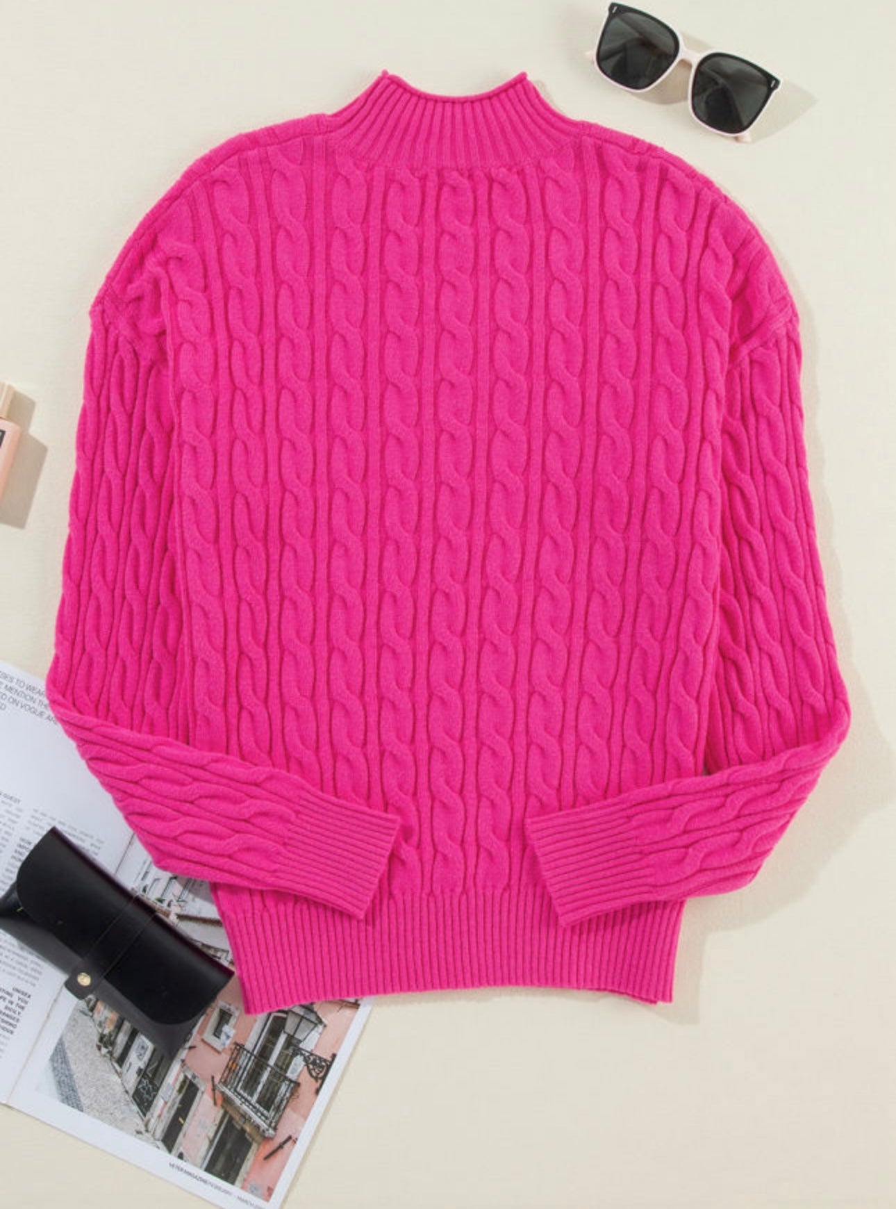 Pink solid cable knit high neck sweater