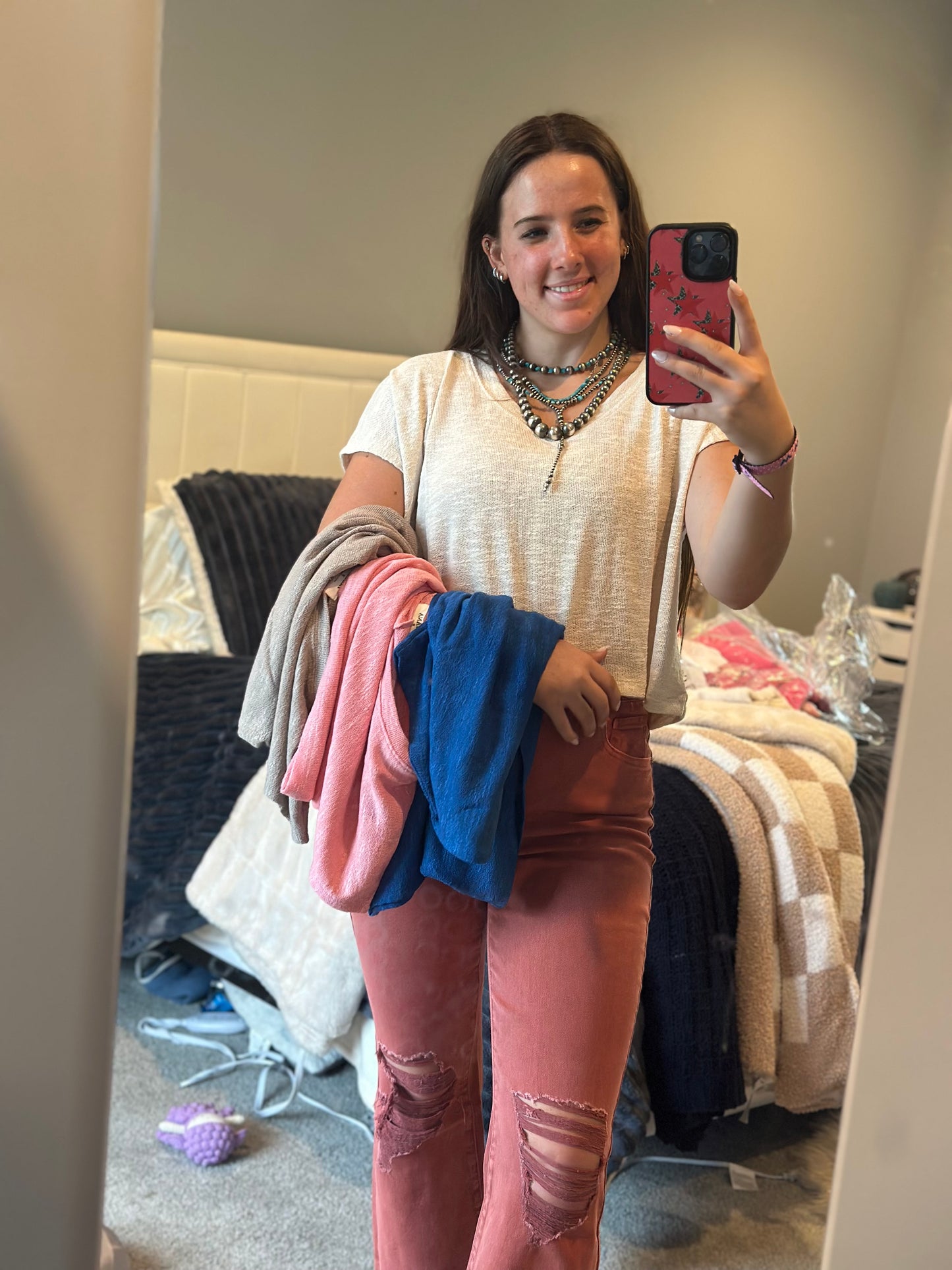 Hacci slub v-neck drop shoulder crop top