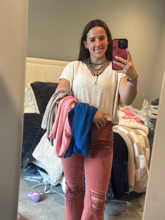 Hacci slub v-neck drop shoulder crop top