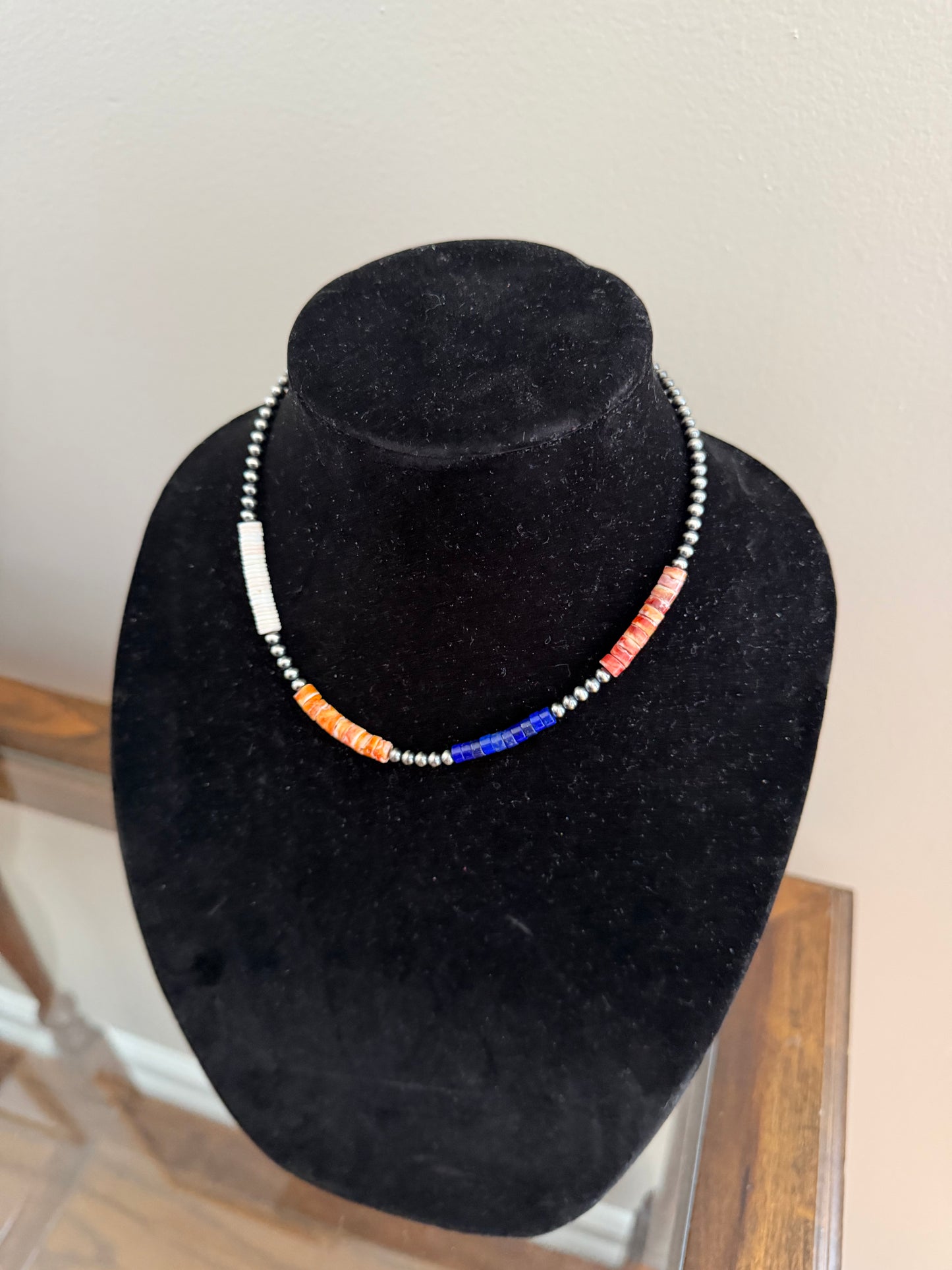 Multi stone Heishi bead x sterling pearl necklace