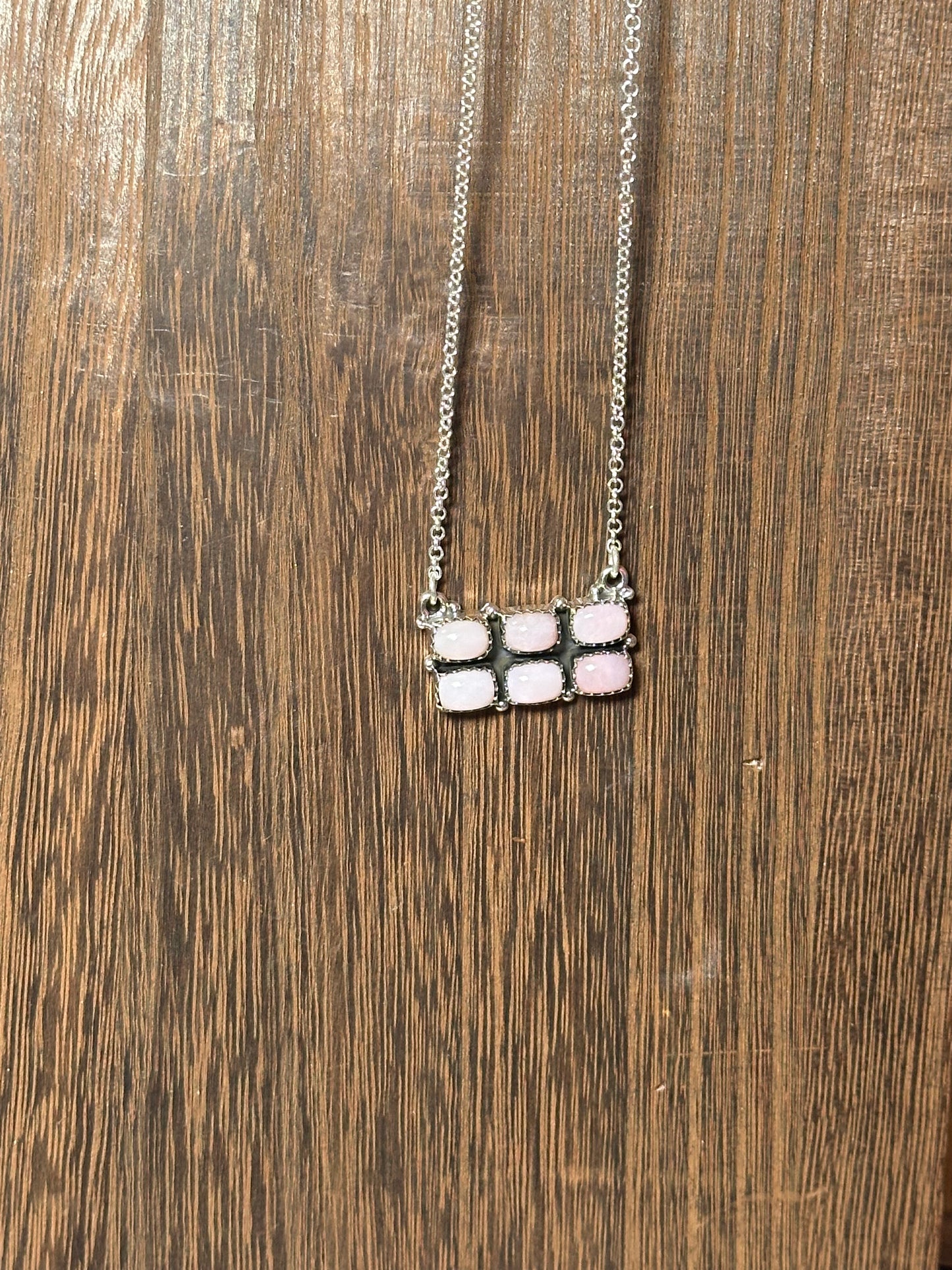 Handmade Sterling Silver & Pink Conch 6 Stone Bar Necklace