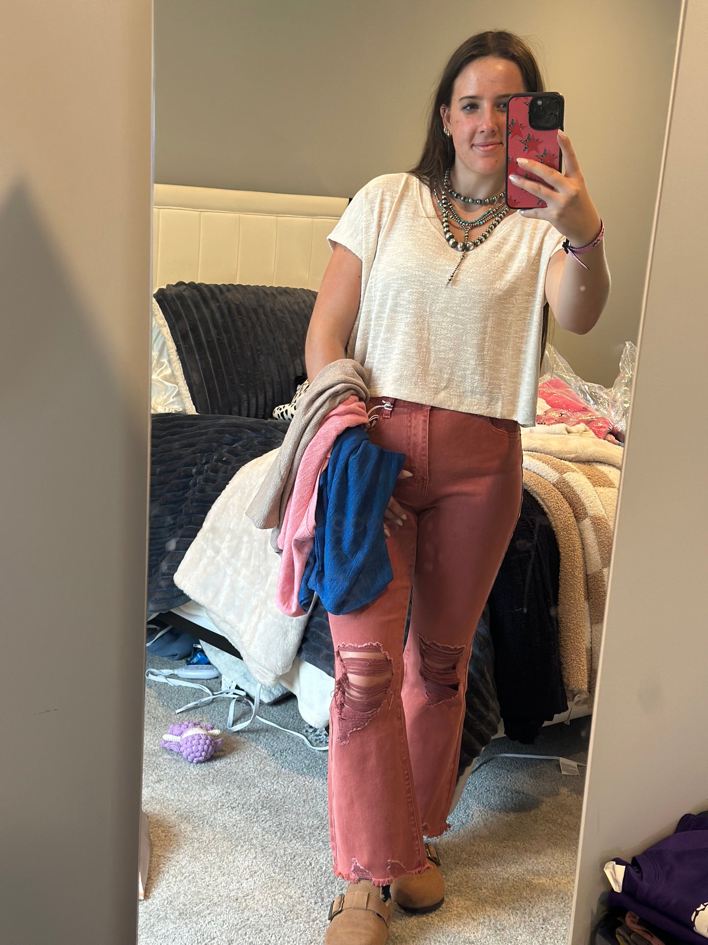 Hacci slub v-neck drop shoulder crop top