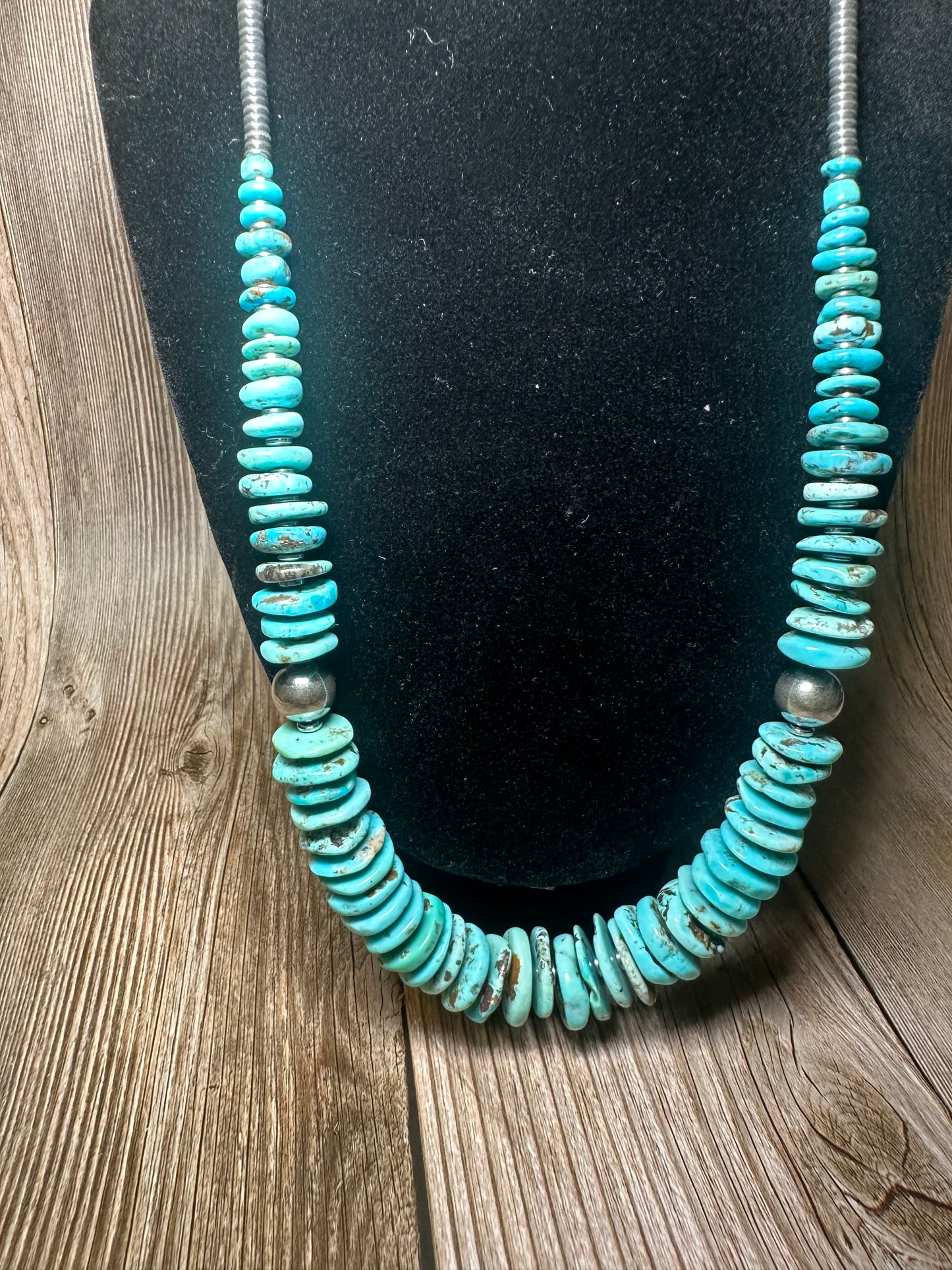 22 inch graduated turquoise necklace with Sterling silver pearls