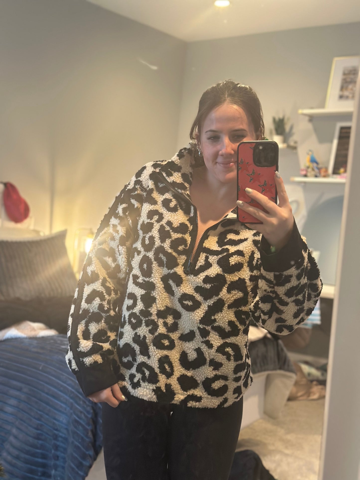Leopard Sherpa Fleece Half Zip Up Top With Pockets