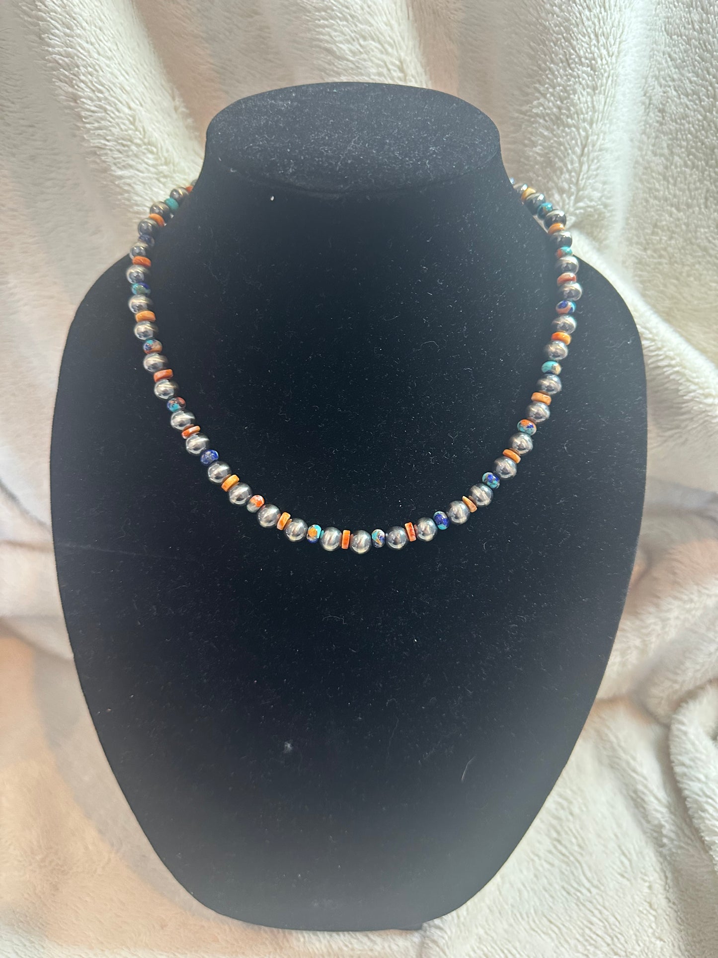 navajo pearl 8mm x orange spiny x turquoise necklace