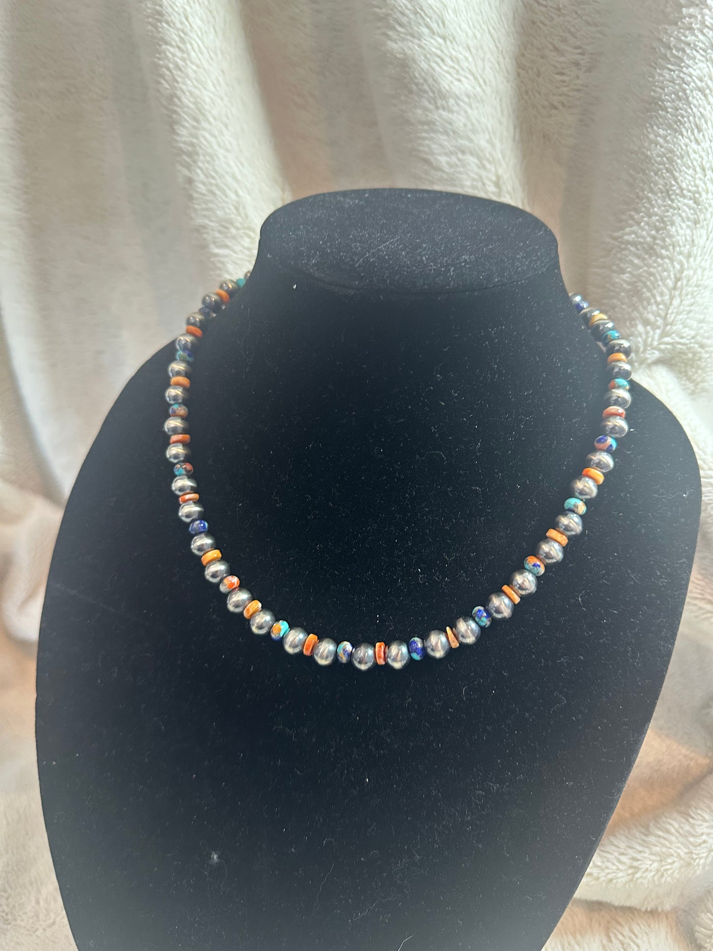 navajo pearl 8mm x orange spiny x turquoise necklace