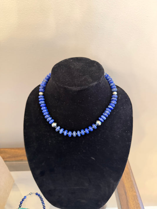 Blue lapis rondelle x 4-10mm pearl necklace