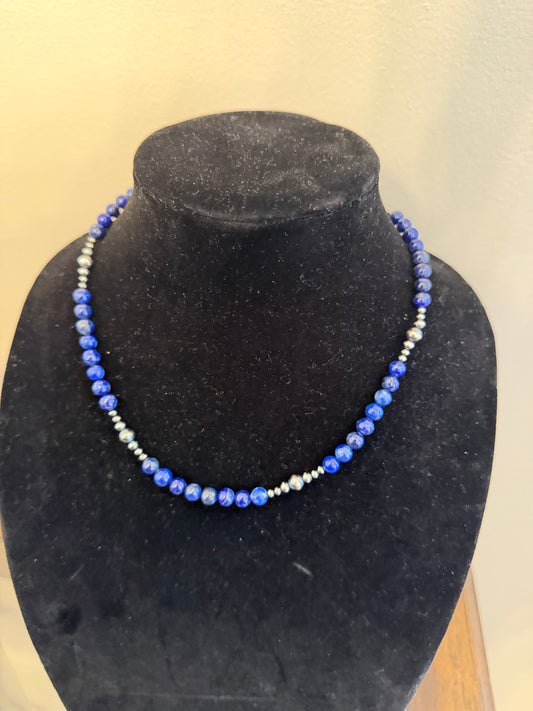 3-6mm pearl x 6mm blue lapis necklace