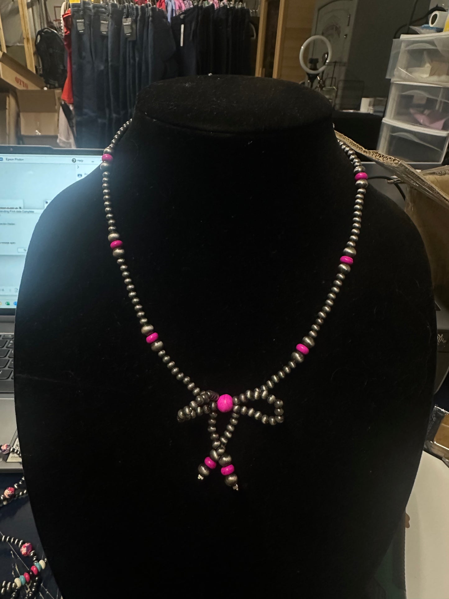 Navajo Style Pearl & Bead Bow Necklace