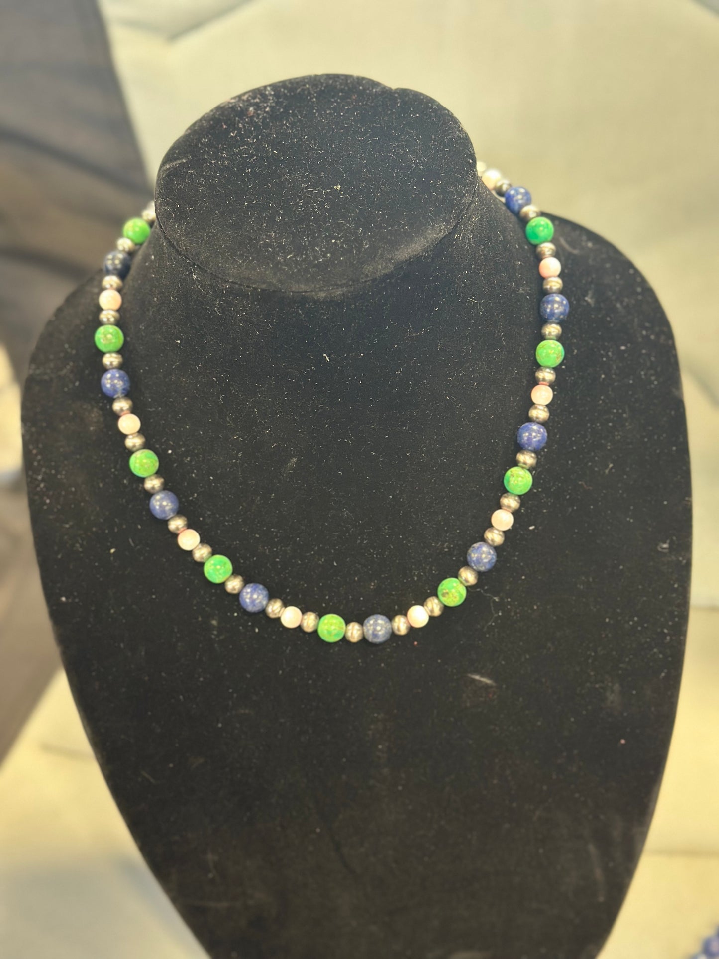 Lapis + pink conch + green turquoise necklace