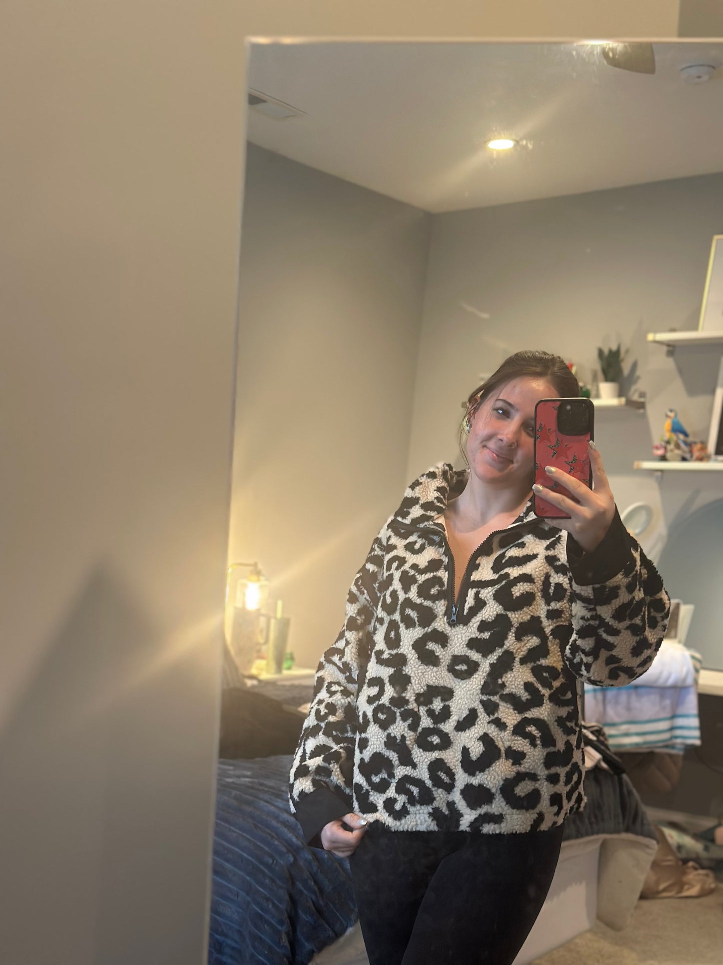 Leopard Sherpa Fleece Half Zip Up Top With Pockets