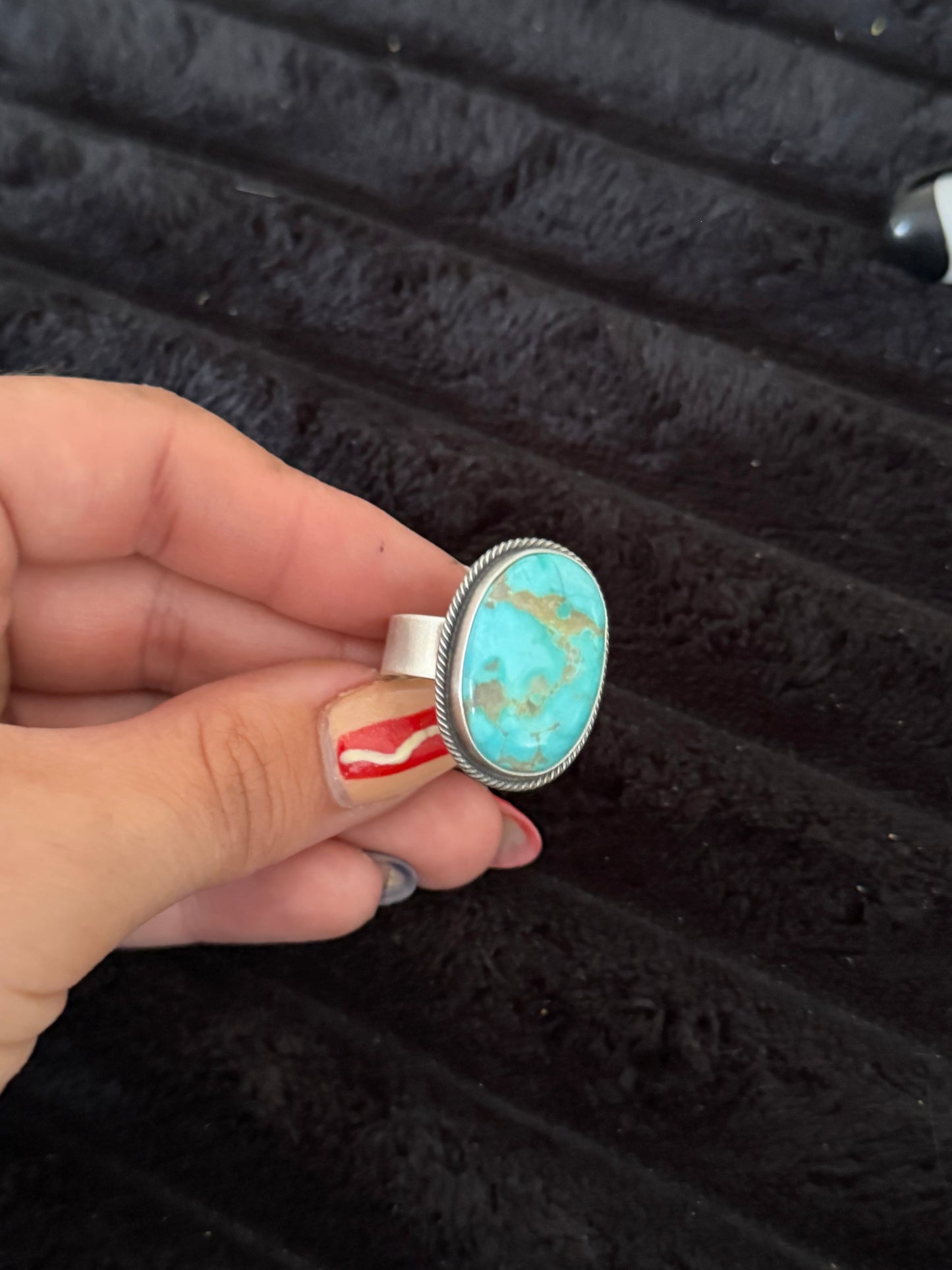 Navajo Handmade Kingman Turquoise Adjustable Ring - Antionette Martinez