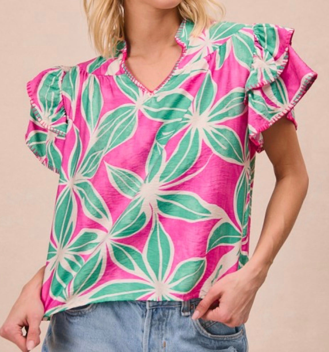 Floral printed stitch detail blouse