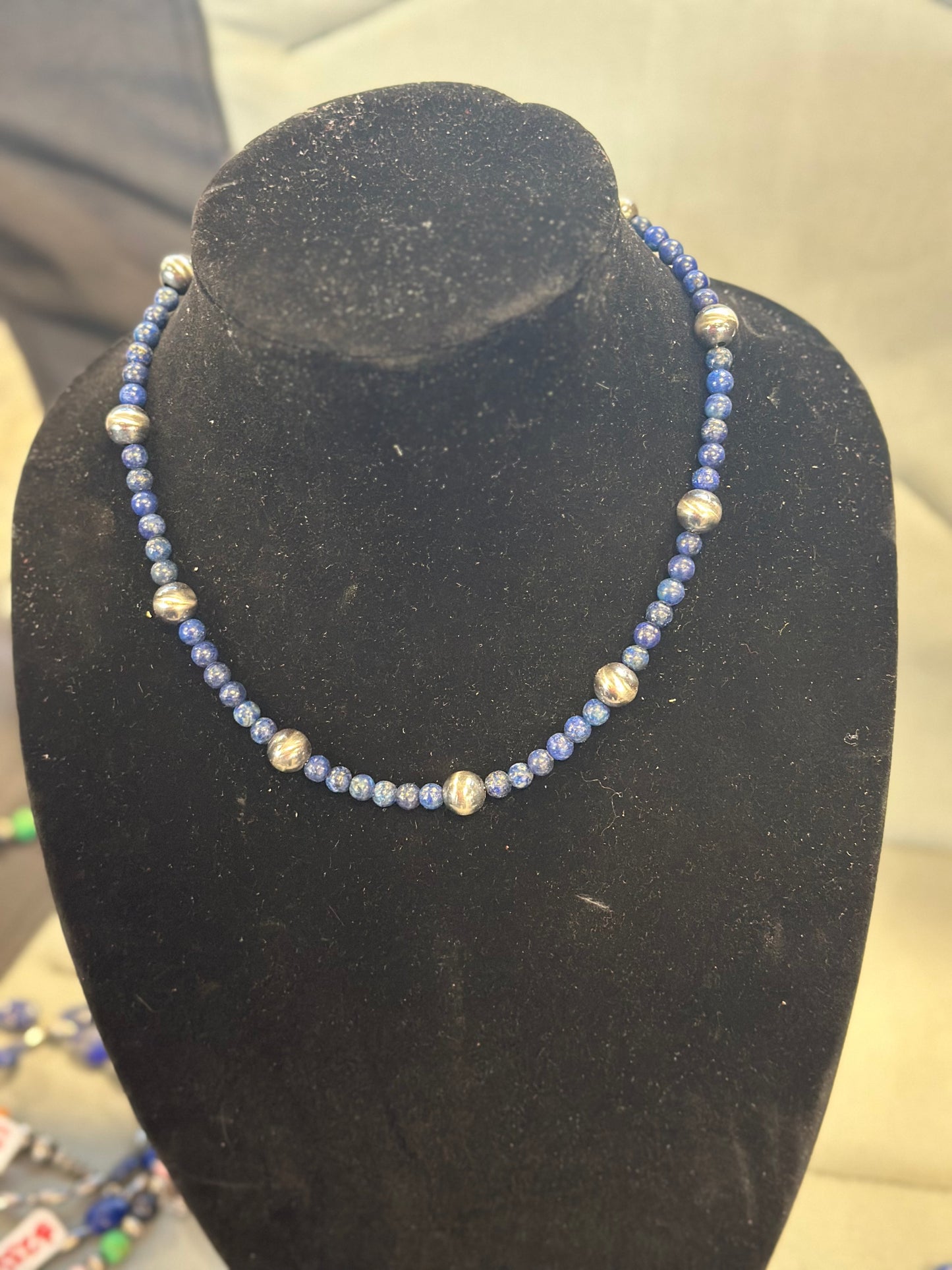 Blue lapis x 10mm pearl necklace