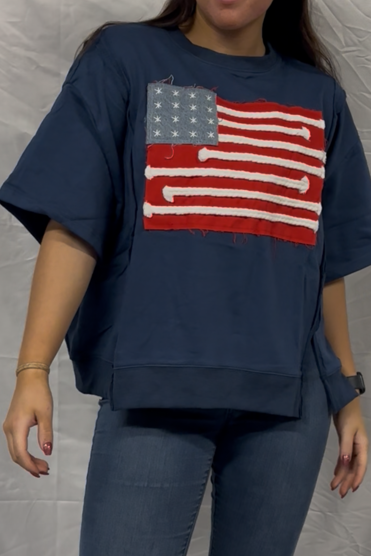 boxy wide short sleeve top with american flag patch