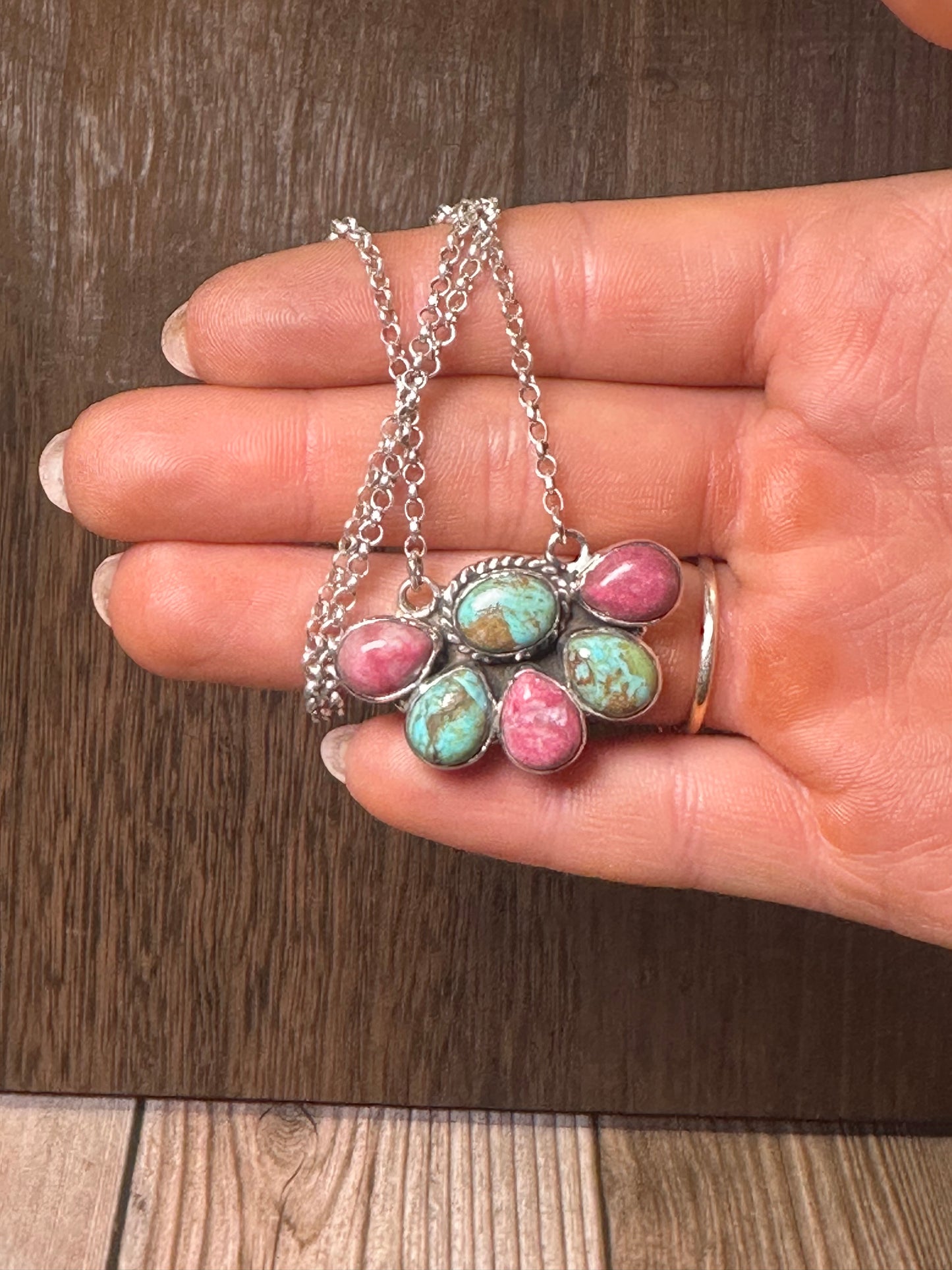 Handmade Sterling Silver, Rhodonite & Turquoise Necklace