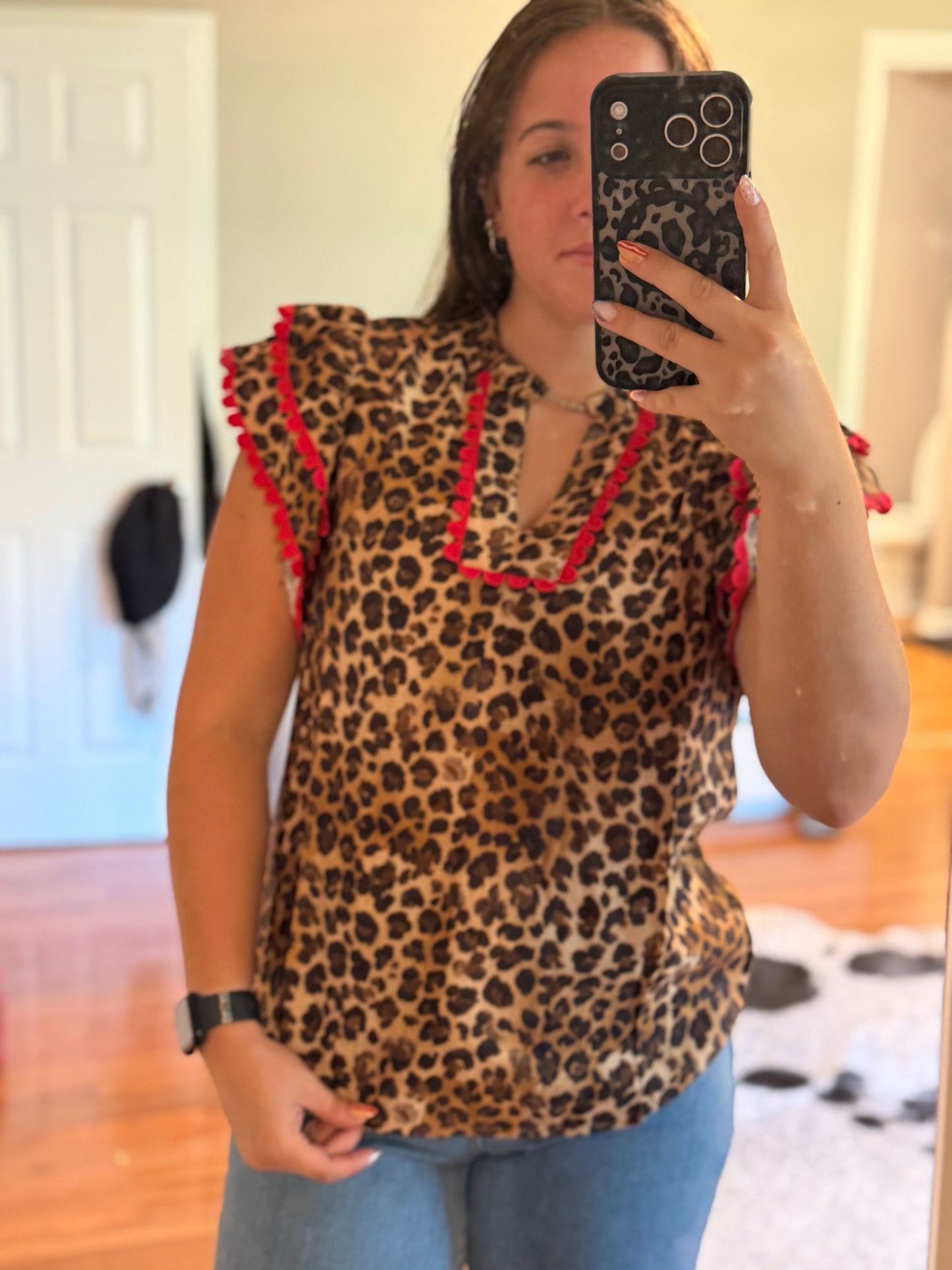 LEOPARD PRINTED WOVEN RIC RAC TRIM V NECK TOP