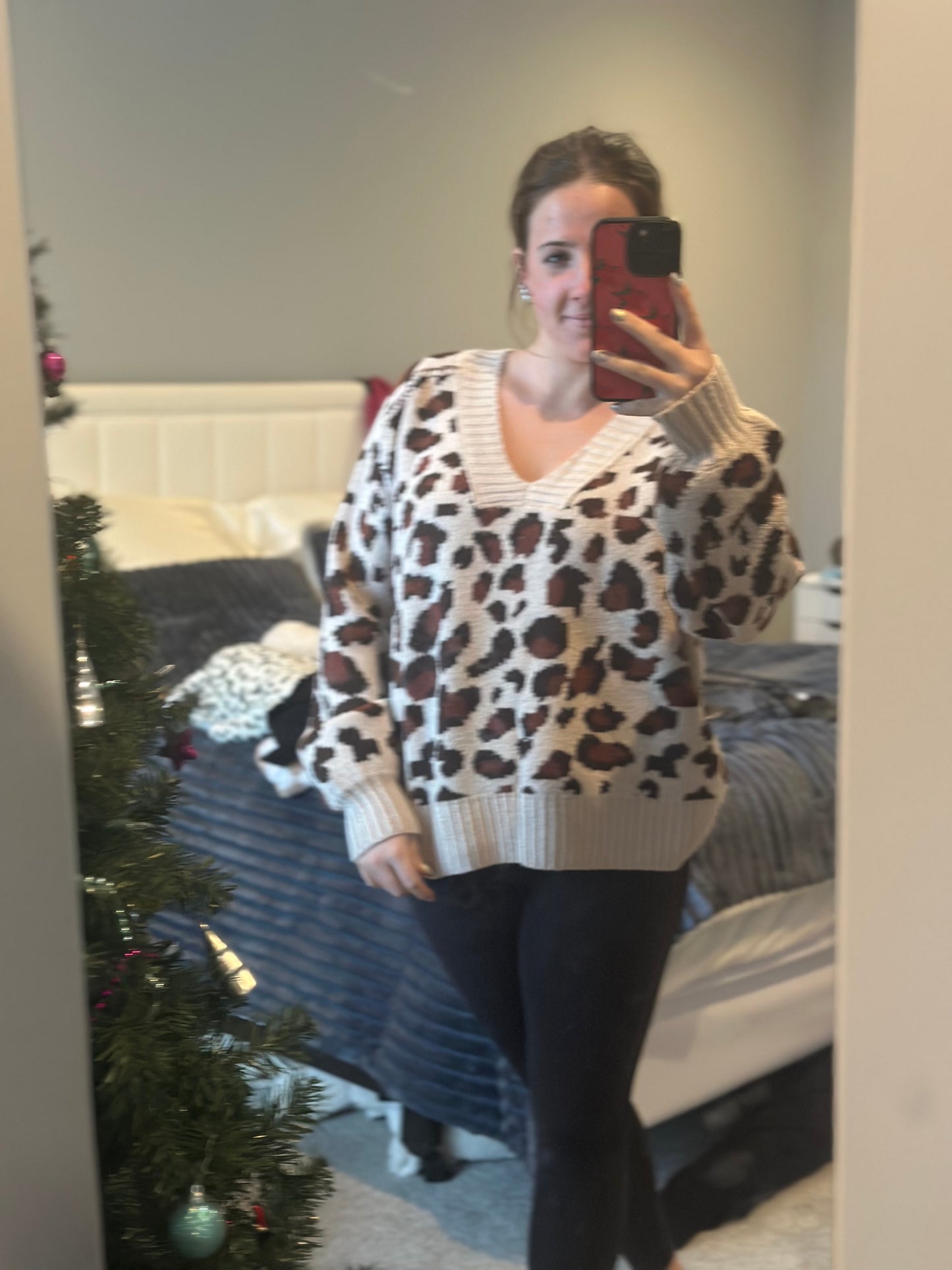 Leopard Pattern Rib Banded V-neck Sweater Top