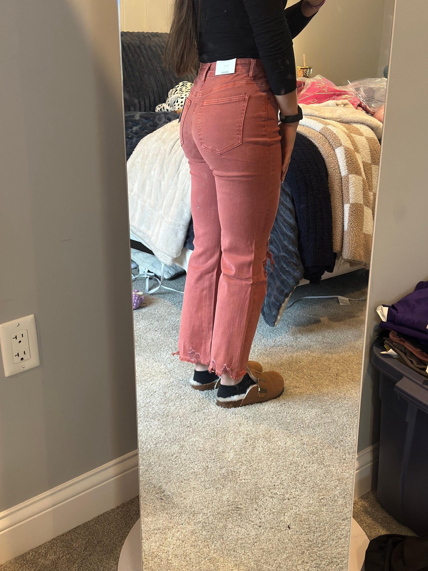 Acid washed high waist distressed straight pants